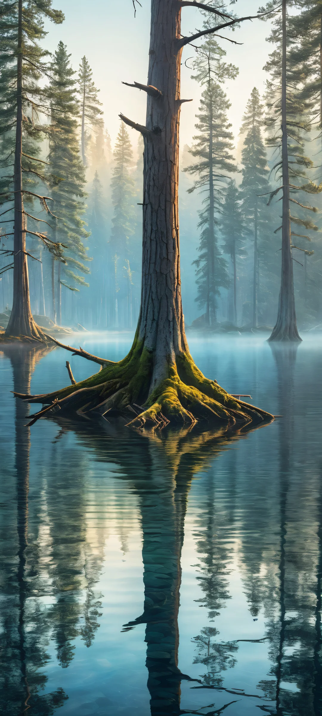 A serene lakeside scene featuring dead trees and misty forest atmosphere on iPhone/Android