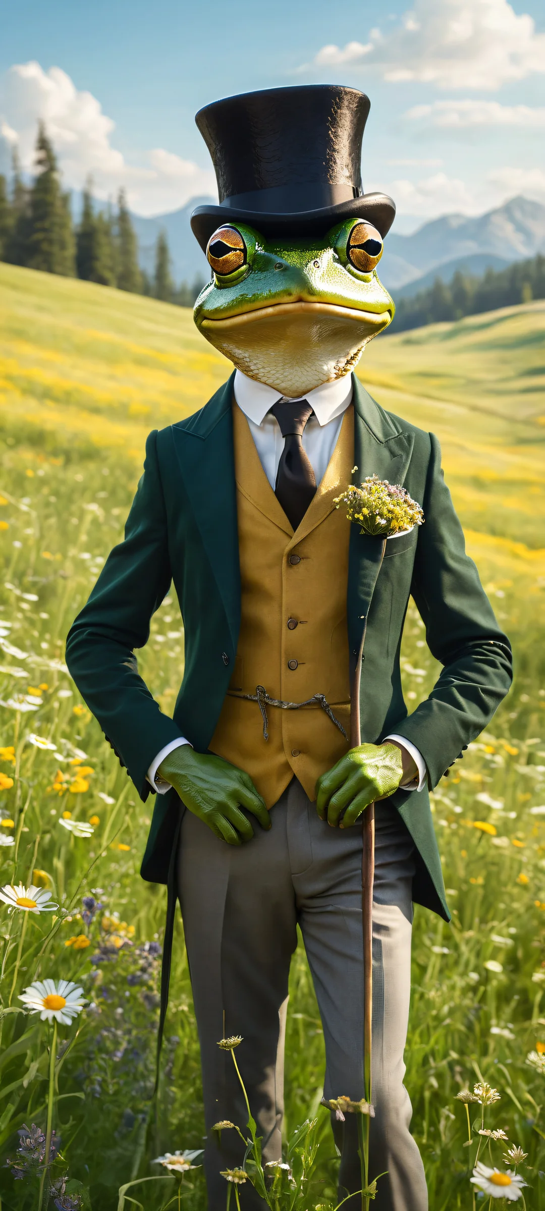 A debonair frog riding a massive mouse with a luxurious leather saddle, perfekt optimiert für iPhone- und Android-Startbildschirme.