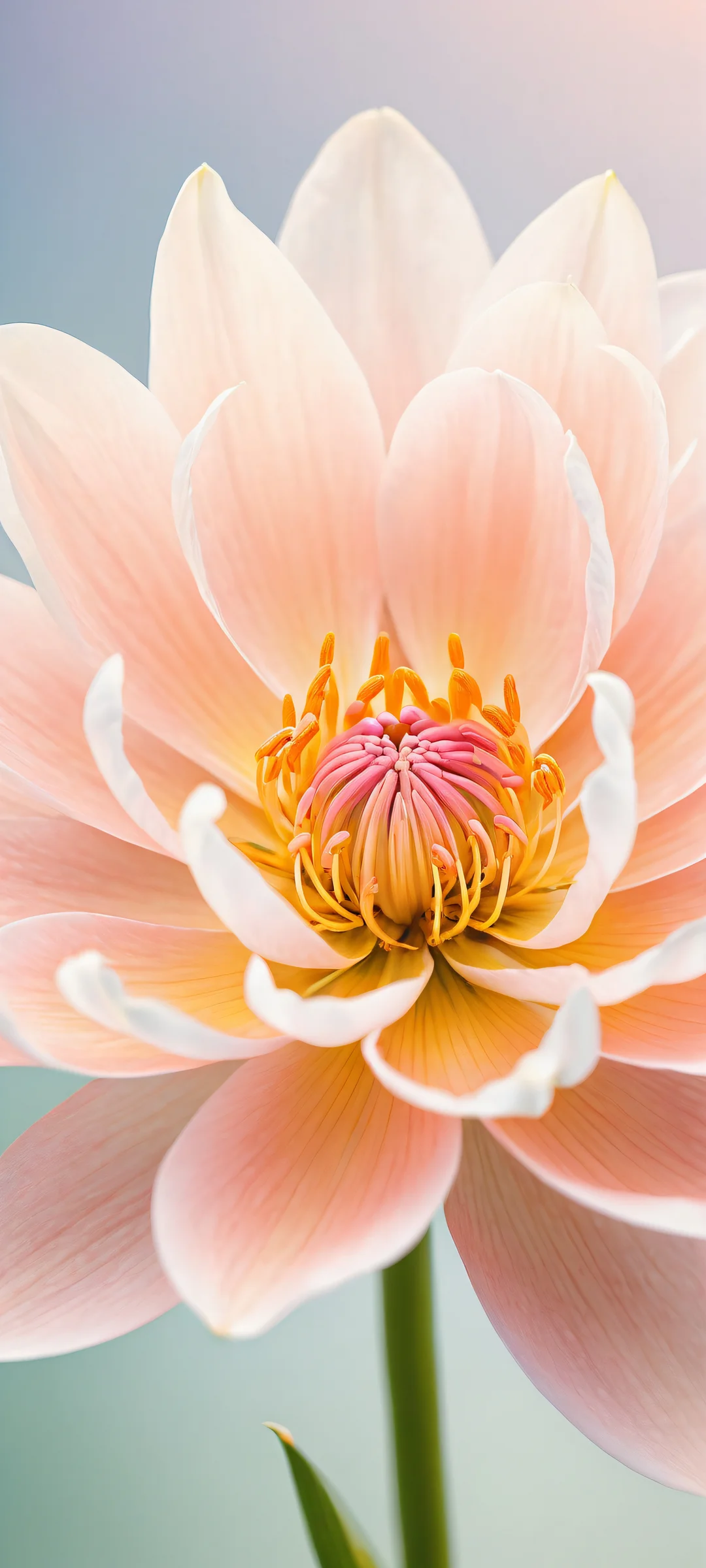 A beautiful iPhone and Android compatible wallpaper featuring a delicate flower in a serene water setting with soft peach, creamy white, and pastel pink hues.