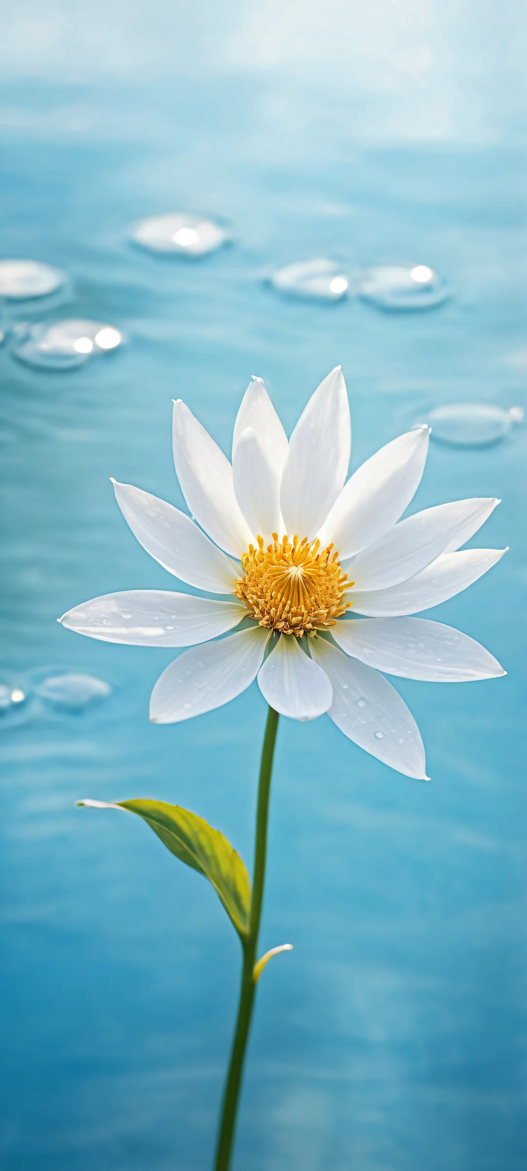 A stunning iPhone/Android wallpaper featuring a delicate flower in the lower-middle, suspended in mid-air amidst an ethereal aquatic landscape with gentle waves and ripples. Perfectly optimized for home screens.