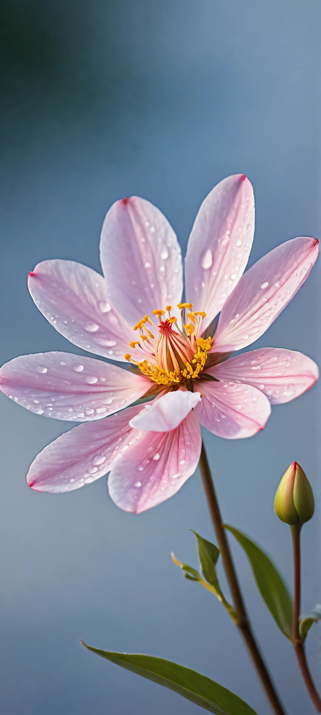 iPhone/Android Wallpaper: A delicate flower in a serene void backdrop with waves and a single branch with flowers, perfect for your dark mode home screen.