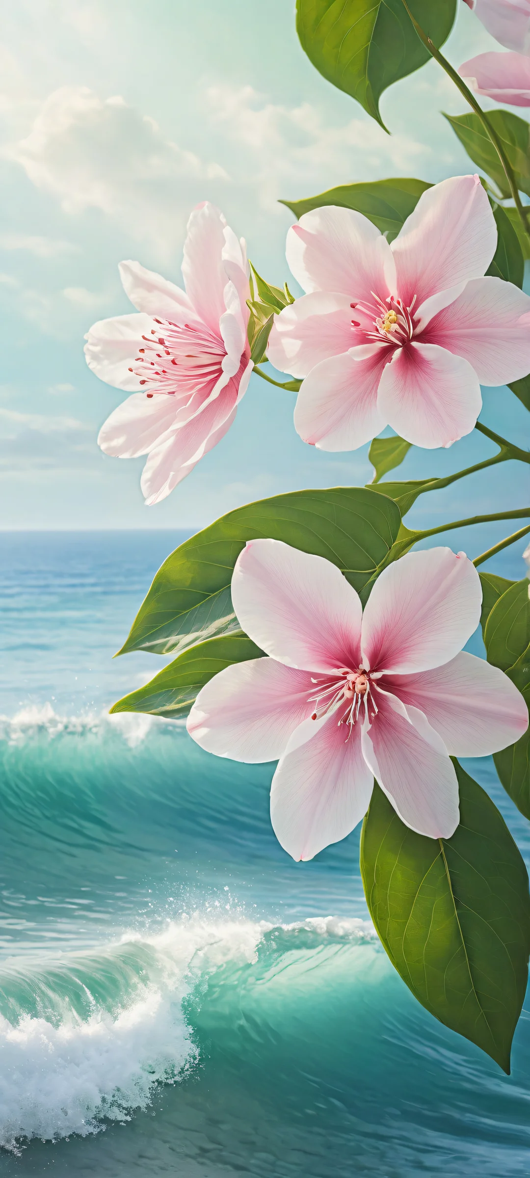A stunning iPhone/Android wallpaper featuring delicate blooms placed in the lower-middle, with a vast pure void above and serene ocean waves below.