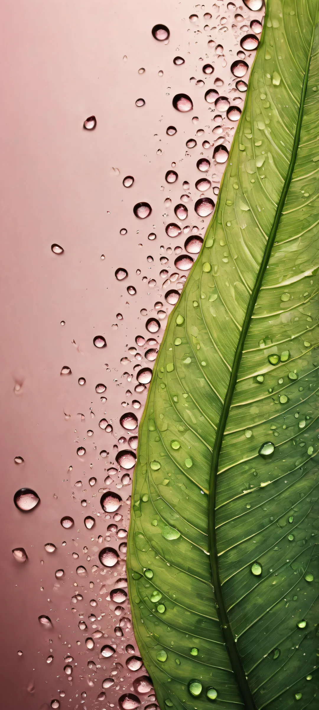 Delicate Blooms 2K Phone Wallpaper A serene digital artwork featuring delicate leaves with intricate water droplets on iPhone/Android devices.