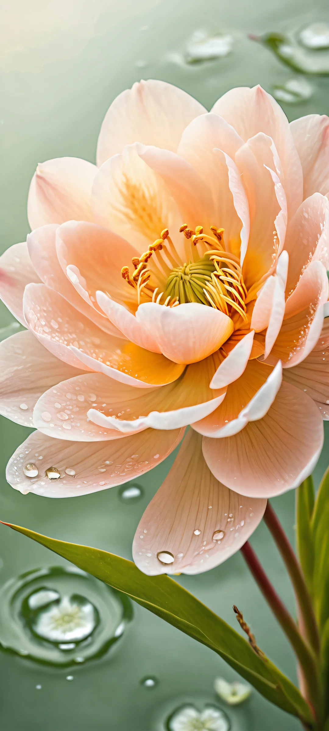 Ethereal portrait of delicate petals on iPhone/Android device background, with gentle waves and a reed with flowers, showcasing exquisite digital artistry.