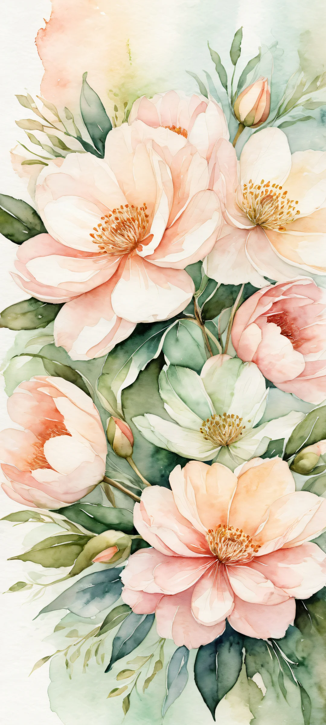 Delicate watercolor floral arrangement on a perfectly clean and empty background, suitable for iPhone/Android home screens.