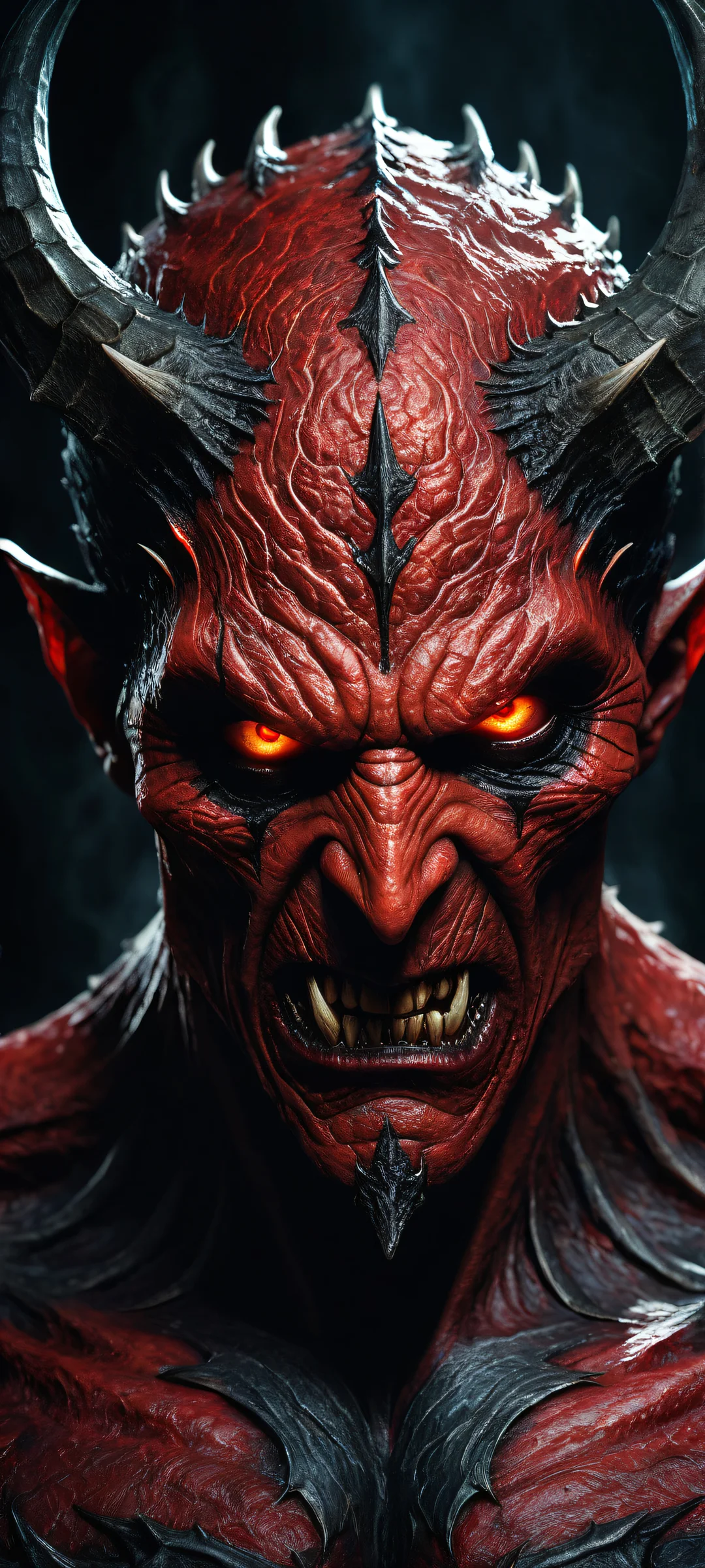 A demonic entity in the lower-middle, surrounded by eerie darkness and a vast pure void. Perfectly optimized for iPhone and Android home screens.