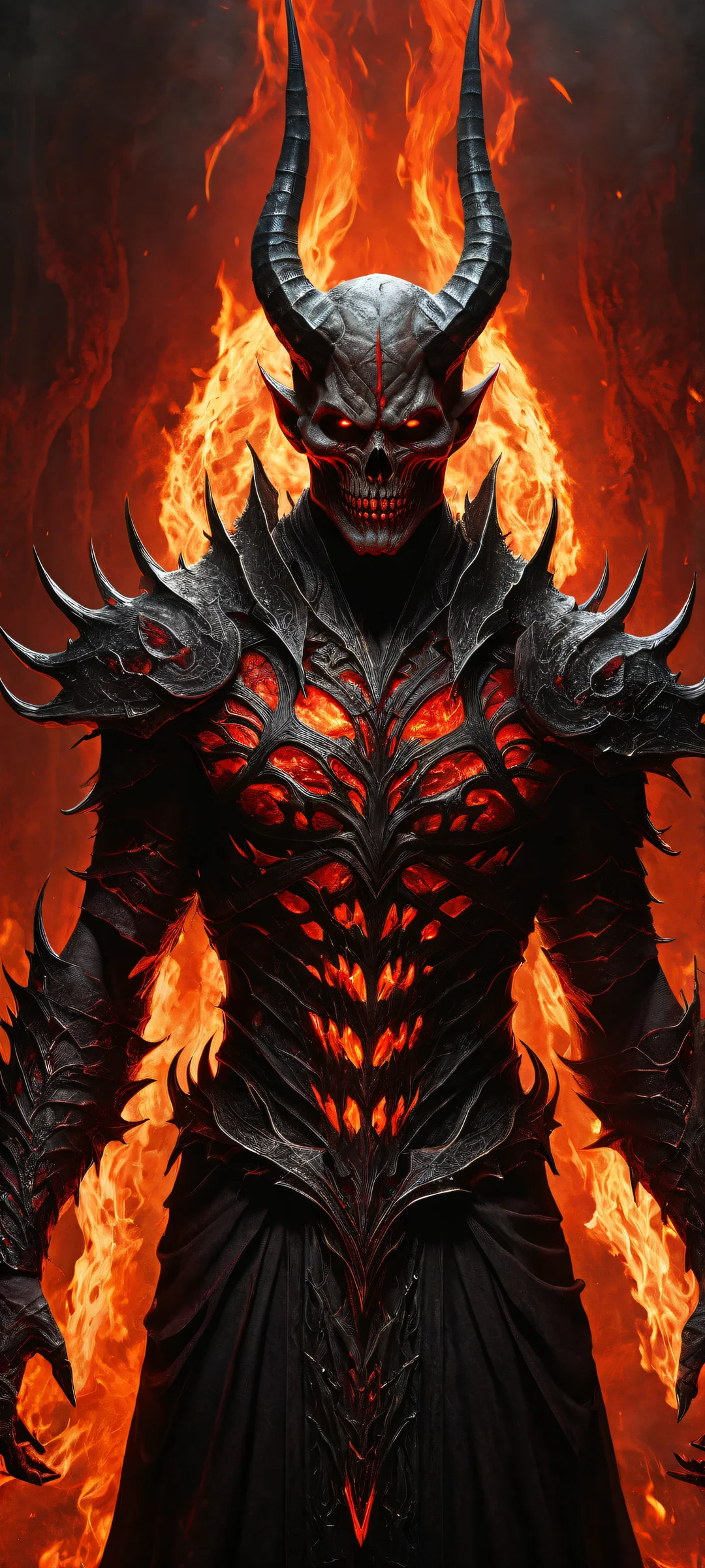 Ethereal demonic figure surrounded by fiery metal textures and a dark eerie landscape on iPhone/Android.