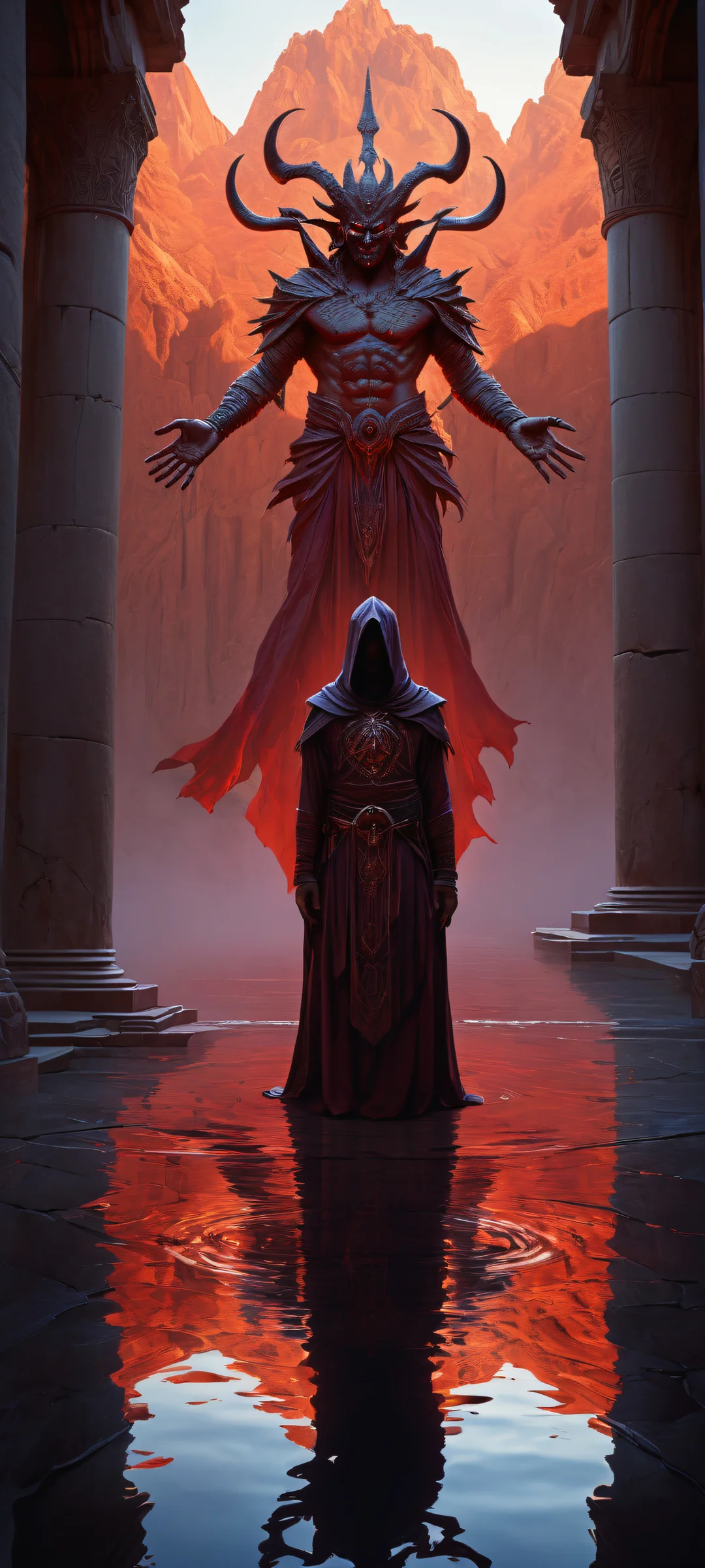 A demonic figure placed in the lower-middle of an ancient ruin landscape with intricate micro-details and ethereal lighting on iPhone/Android.