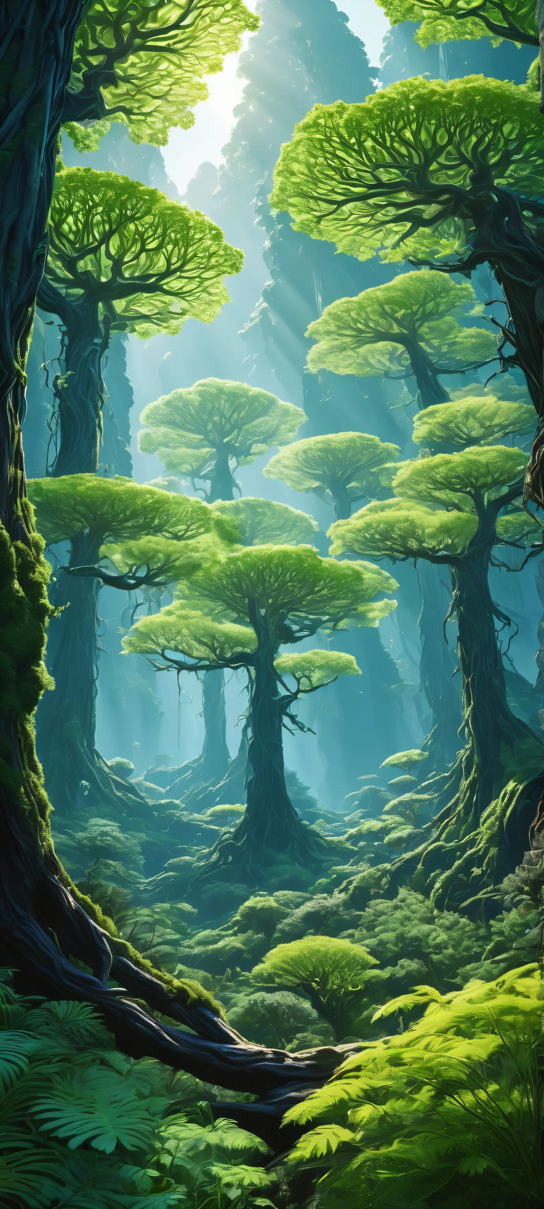 A stunning iPhone/Android wallpaper of Dendrite Trees in a surreal biotech fantasy landscape, with intricate details and vibrant colors.