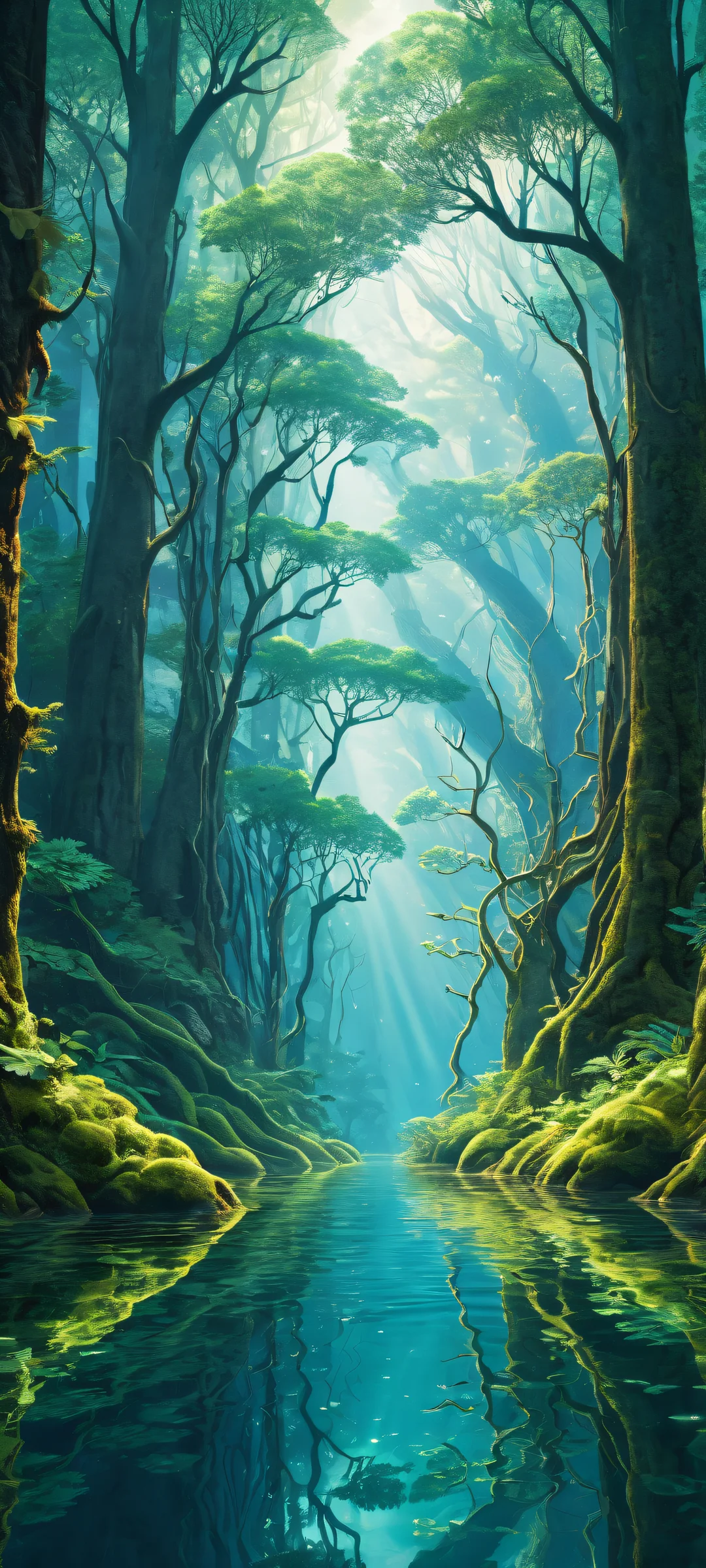 iPhone/Android wallpaper featuring intricate nerve tissue and brain-inspired flora, with a surreal biotech fantasy landscape below.