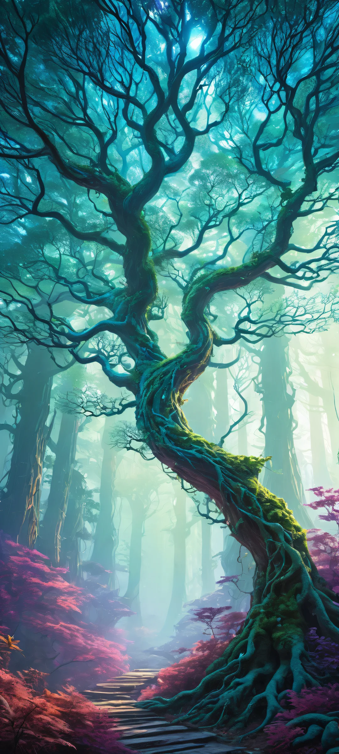 iPhone/Android wallpaper featuring intricate dendrite vines in a surreal biotech fantasy landscape with vibrant electric blue, neon green, and pulsing purple colors.
