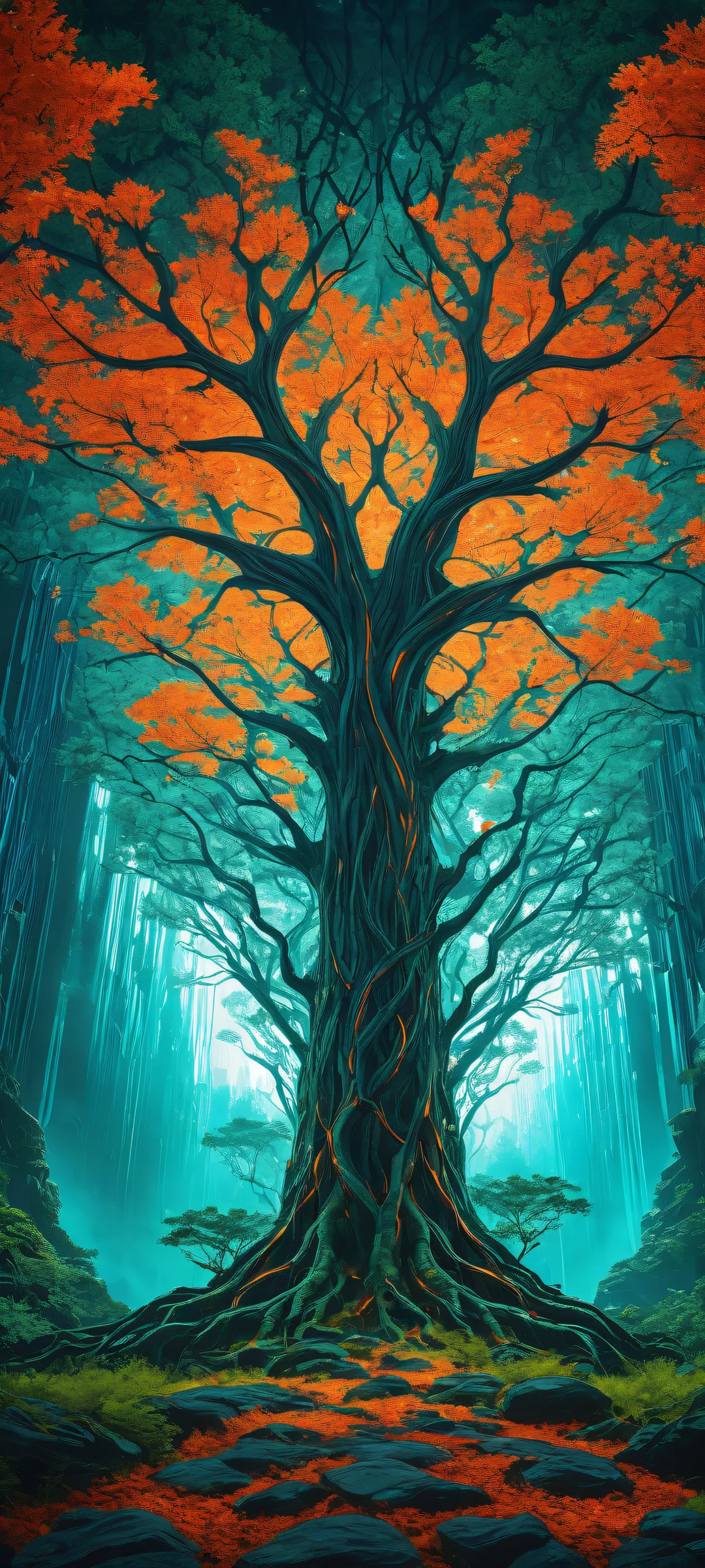 A surreal digital artwork featuring iPhone/Android compatible Dendrite Vines on a void background with vibrant alien forest, perfectly optimized for mobile home screens.