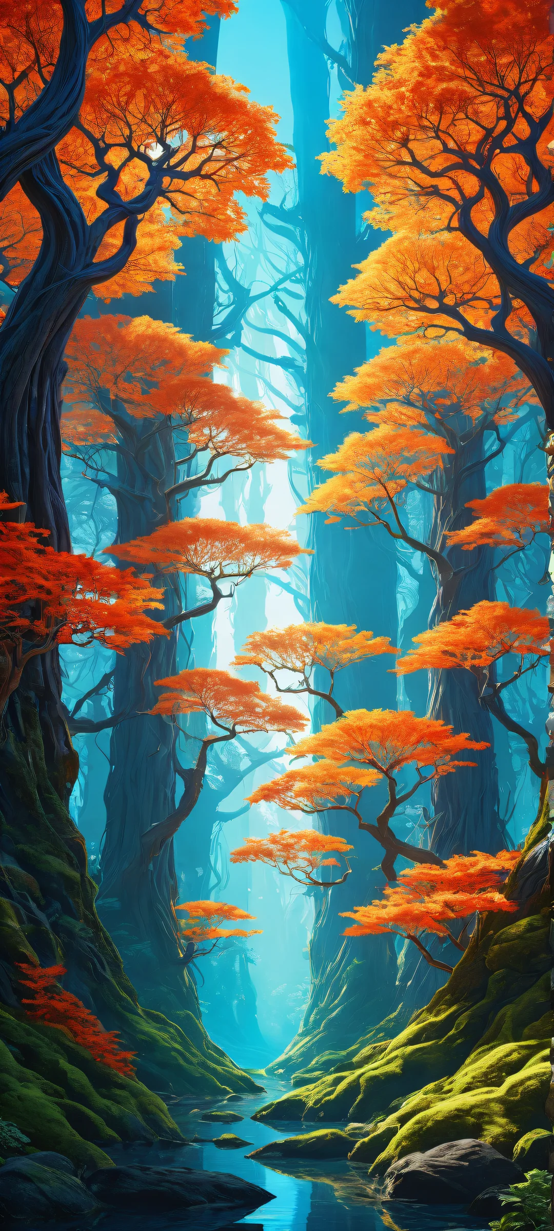 Dramatic vertical artwork of Dendrite Vines on iPhone/Android with surreal biotech fantasy landscape and radiant colors.