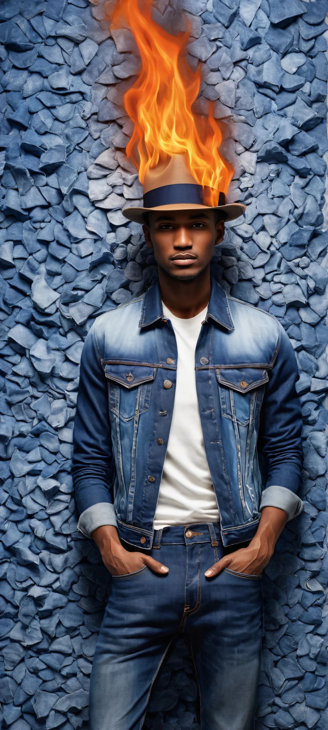 iPhone and Android users will love this stunning denim artwork with a character in a bowler hat surrounded by denim flames, perfect for your phone's home screen.