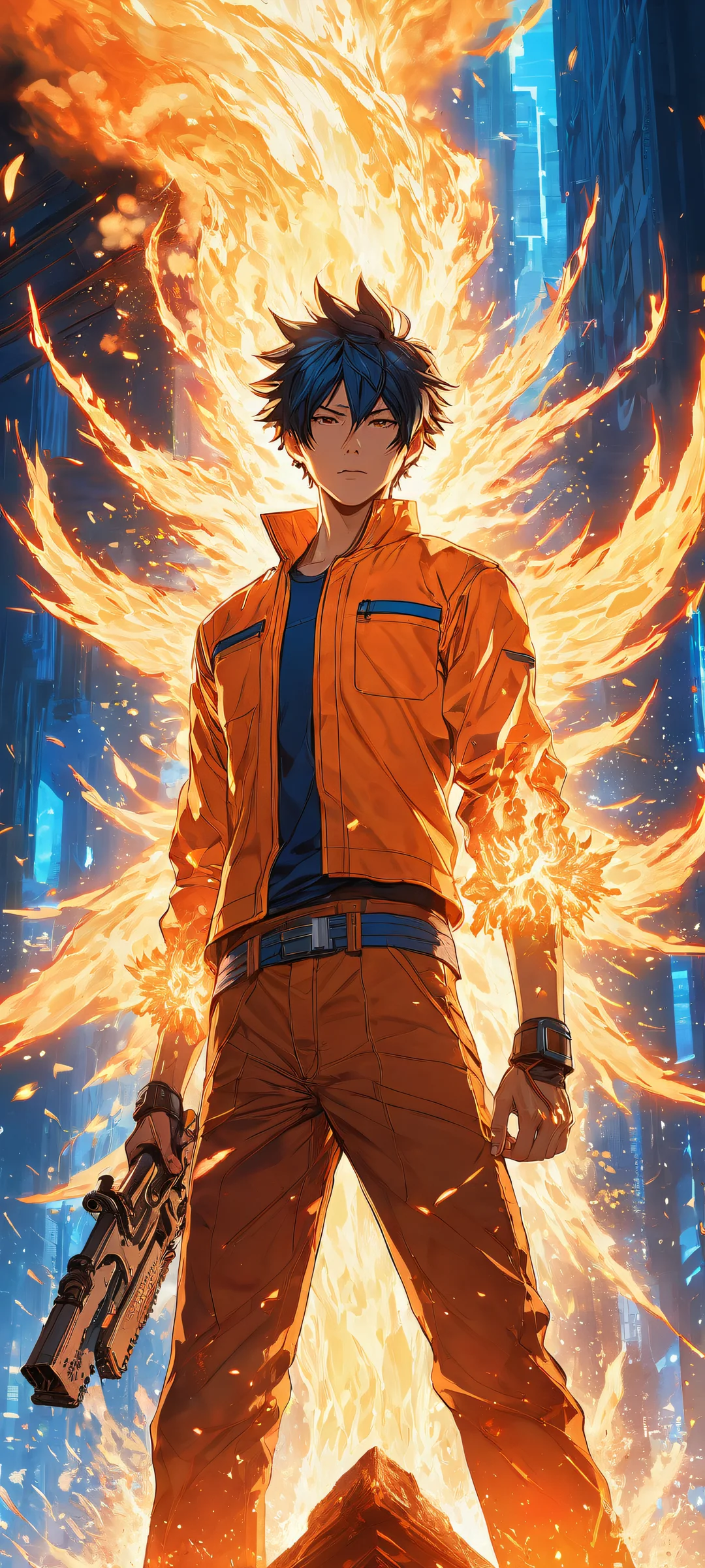 iPhone/Android stunning wallpaper featuring Denji from Chainsaw Man, surrounded by sparks and energy, with a pure void background for an epic desktop experience.
