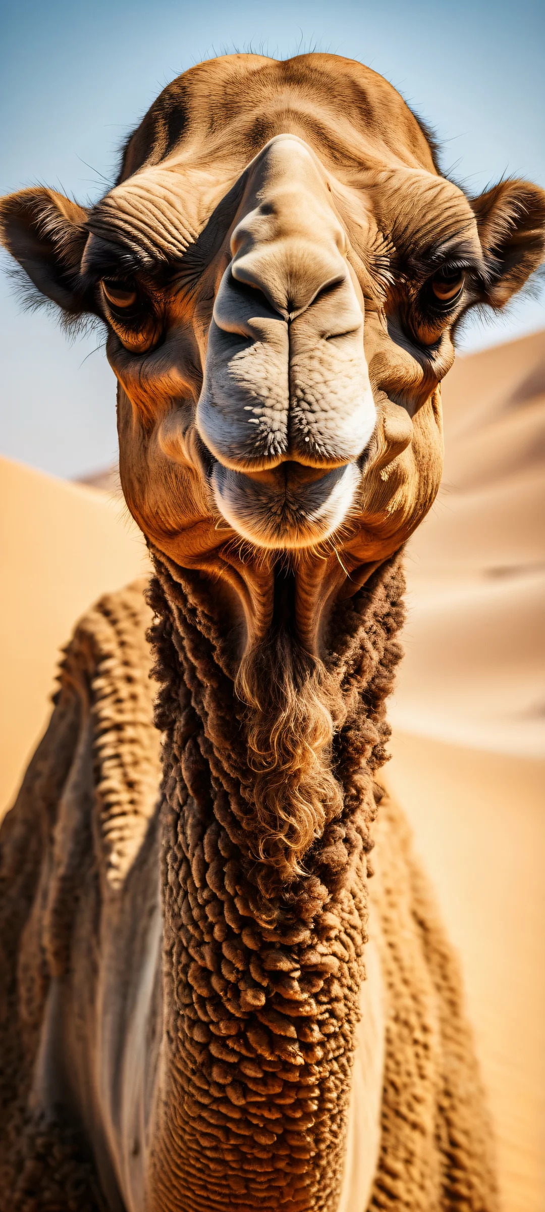 A majestic camel with Denzel Washington-inspired features stands out against a stunning desert landscape on an iPhone/Android home screen.