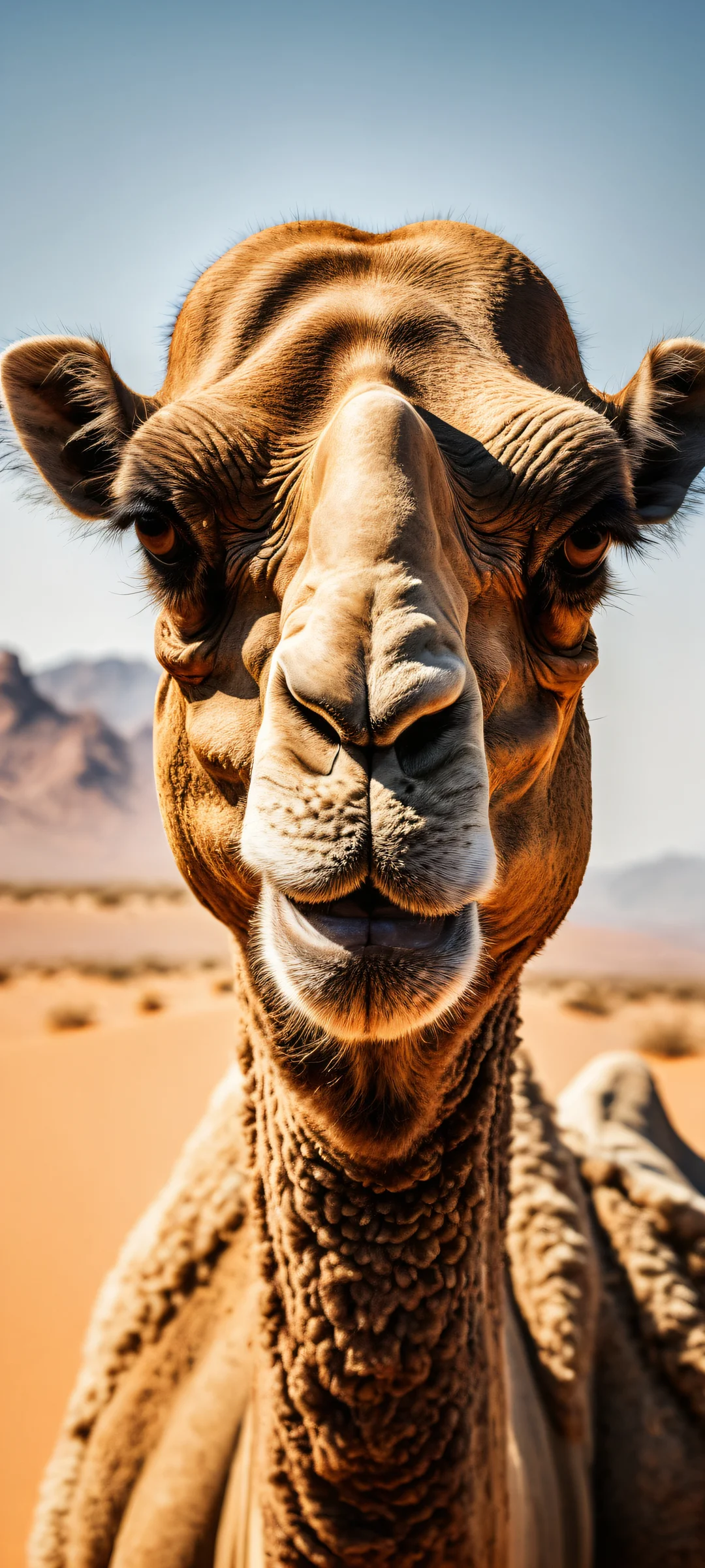 A camel's head in a stunning vertical portrait artwork with intricate details, perfekt optimiert für iPhone- und Android-Startbildschirme. A vast desert landscape stretches out above, leaving room for UI widgets to breathe comfortably.