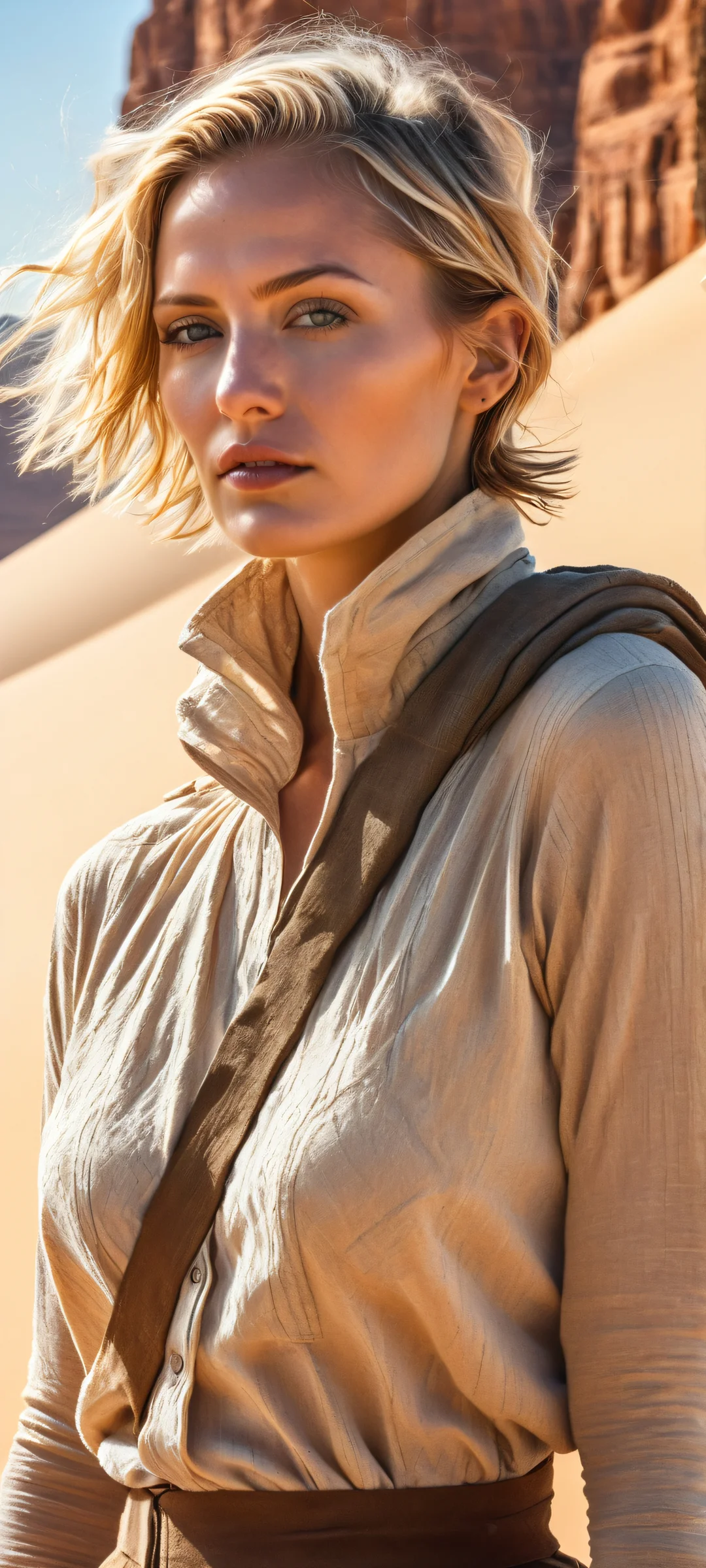 Explore the vast desert landscape with this stunning iPhone/Android wallpaper featuring a 1930s female explorer.