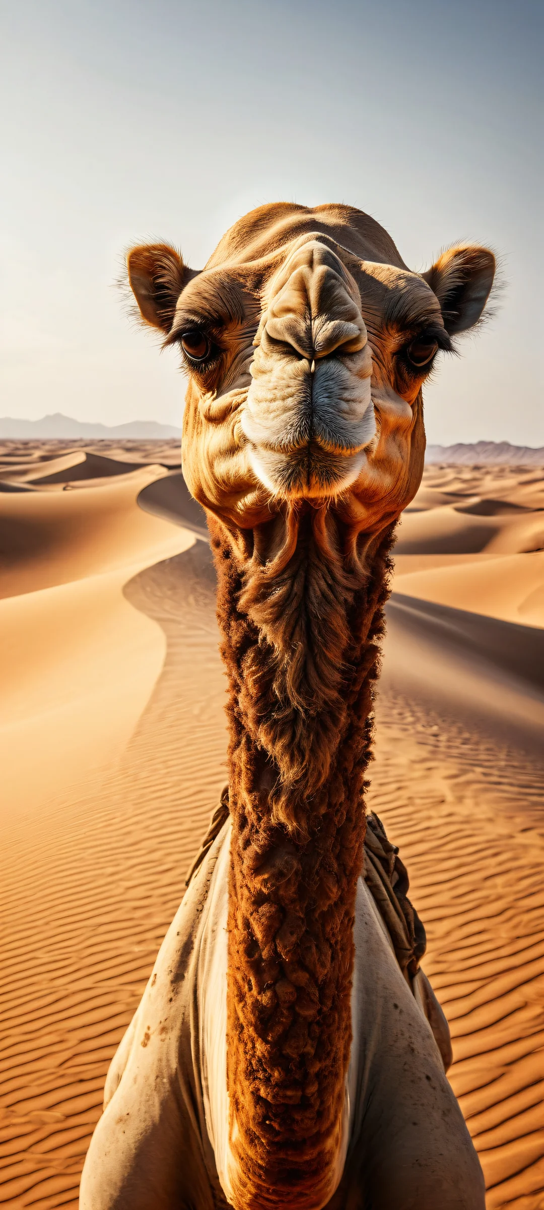 A menacing camel portrait with intense facial features, perfectly clean and empty top half, contrasted by a desert landscape. Ideal for iPhone/Android home screens.