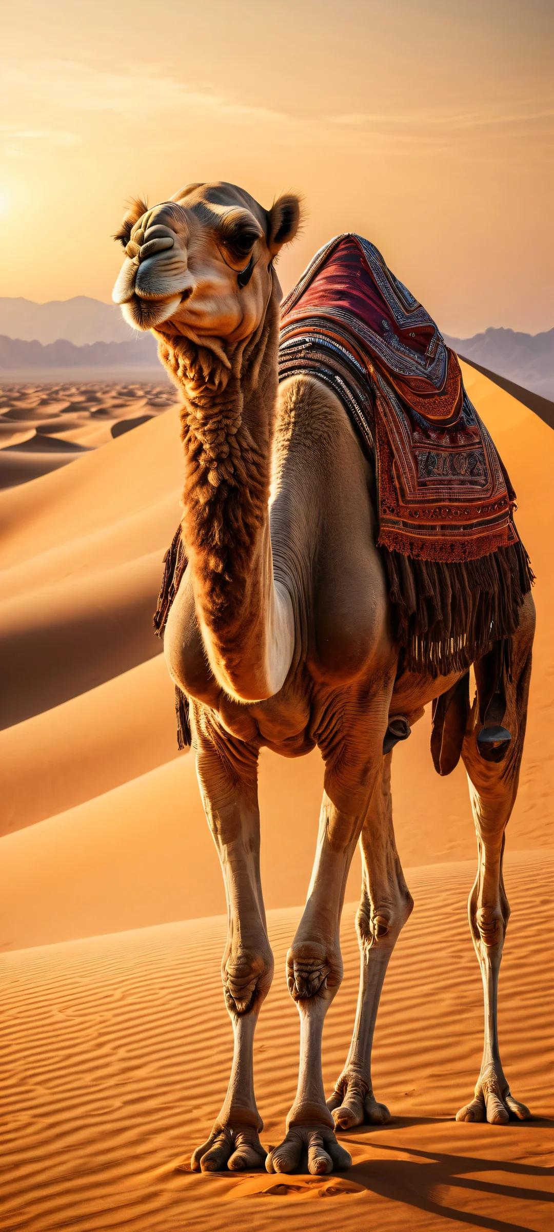 A camel with a scowl inspired by a famous actor set against a desert landscape, perfectly optimized for iPhone and Android home screens.