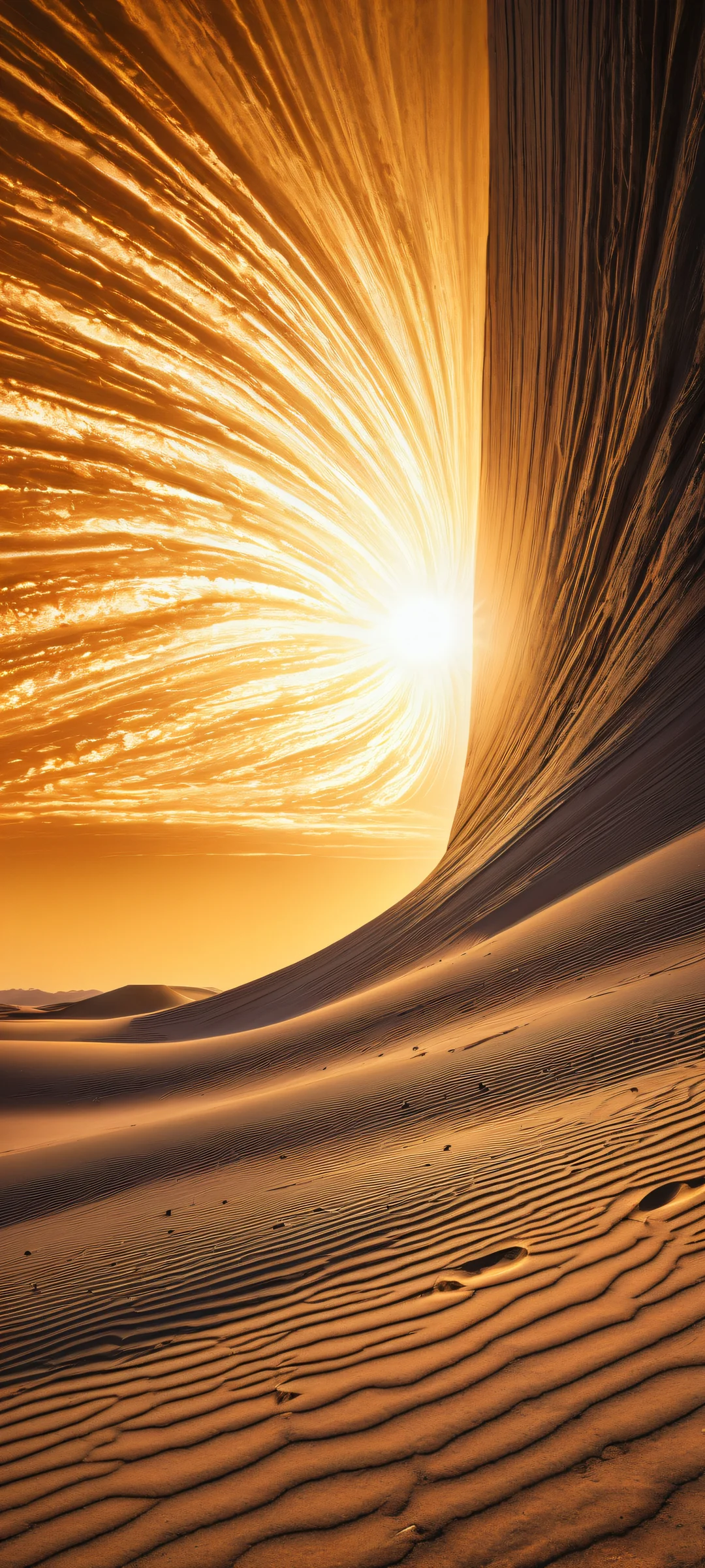 A majestic Sun sets in the desert landscape on an iPhone/Android device, featuring stunning micro-details and depth.