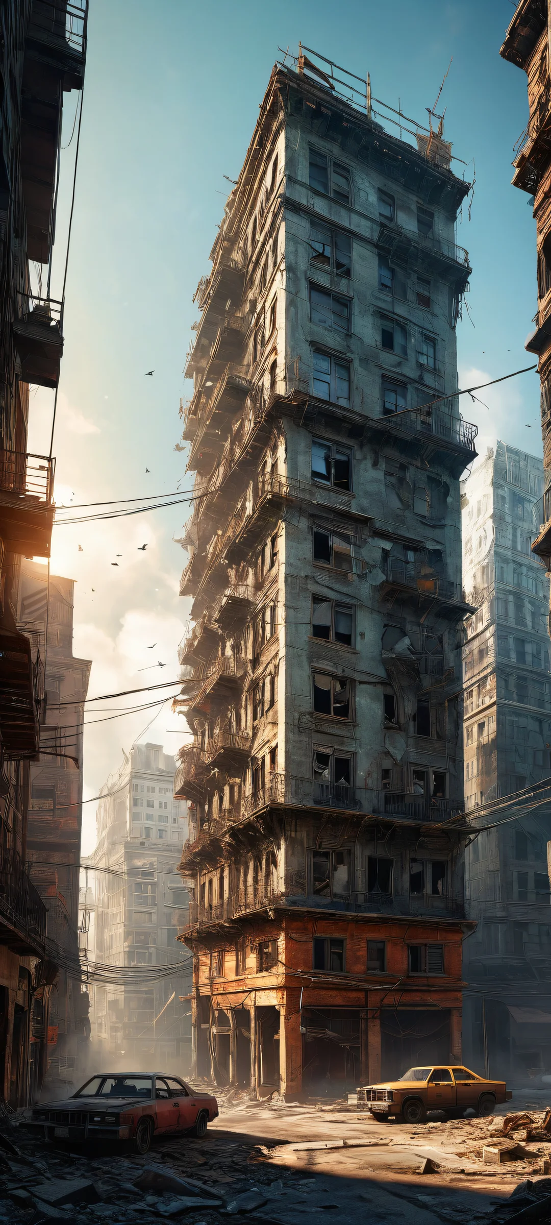iPhone and Android compatible artwork of a desolate cityscape with eerie atmosphere and intricate details