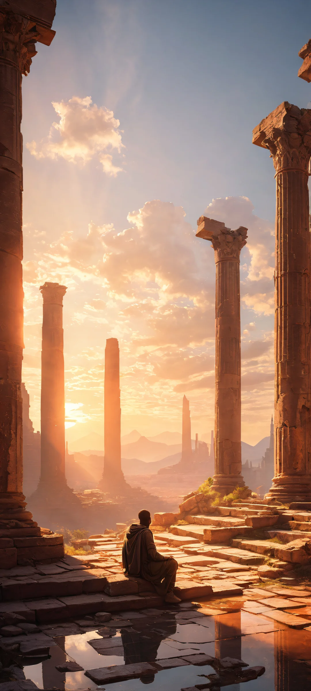 A lone figure sits amidst ruins in an abandoned cityscape at dusk. Perfekt optimiert für das iPhone, Samsung Galaxy, und Android-Startbildschirme.