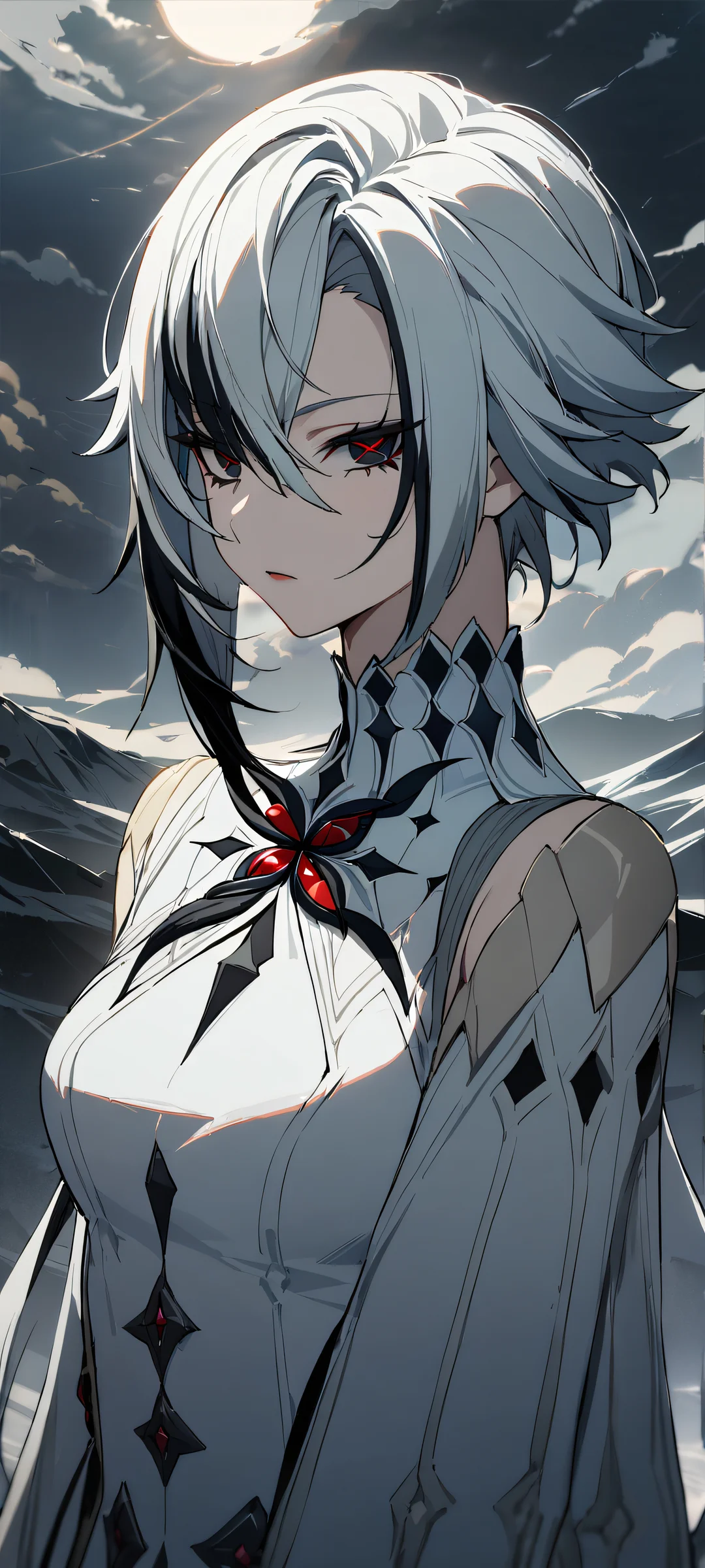 A solo girl with an arlecchino-inspired look from Genshin Impact, perfectly centered on a mobile device's home screen, surrounded by the desolate landscape of her world, evoking feelings of melancholy and solitude. (iPhone/Android)