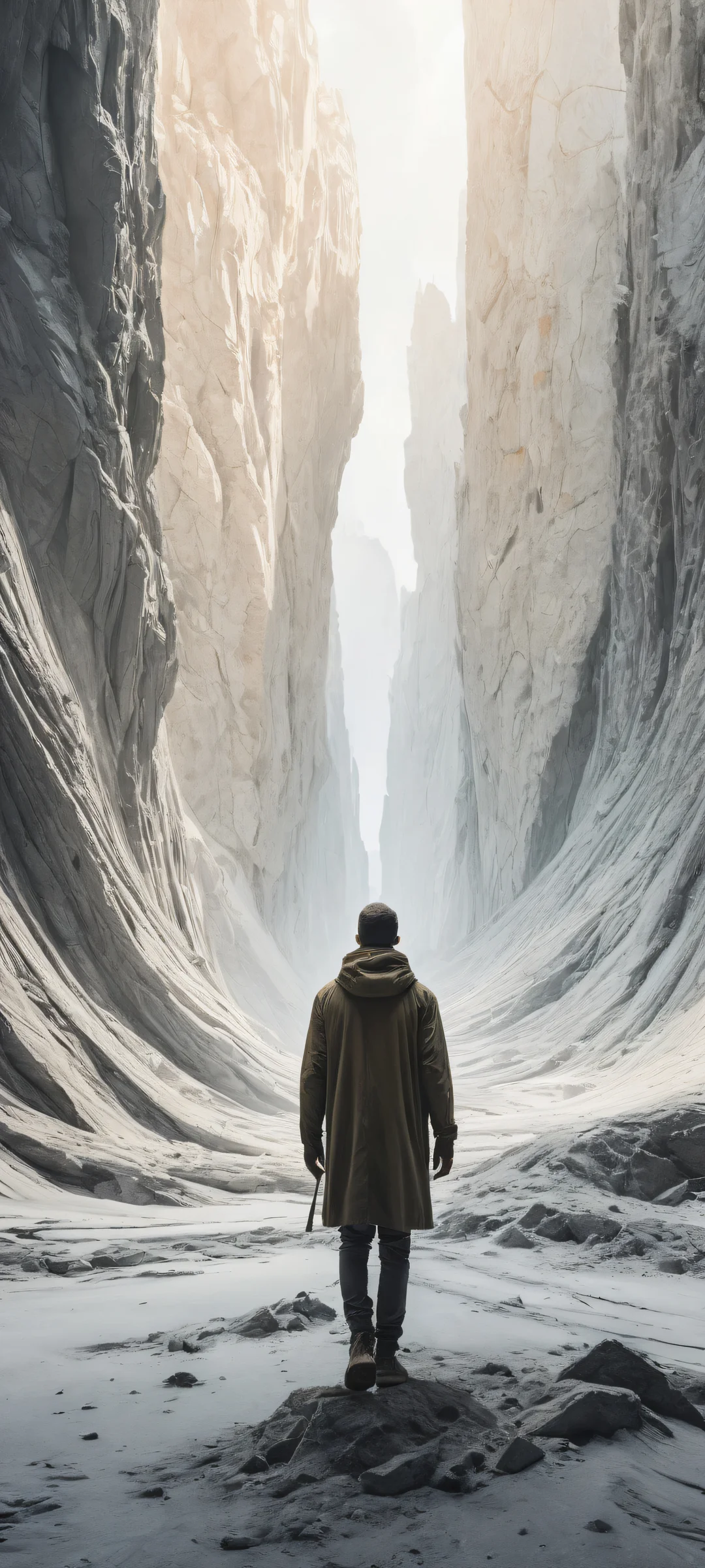 A lone figure shrouded in ash-like fabric, standing amidst a desolate landscape of pure void on iPhone/Android mobile phones.