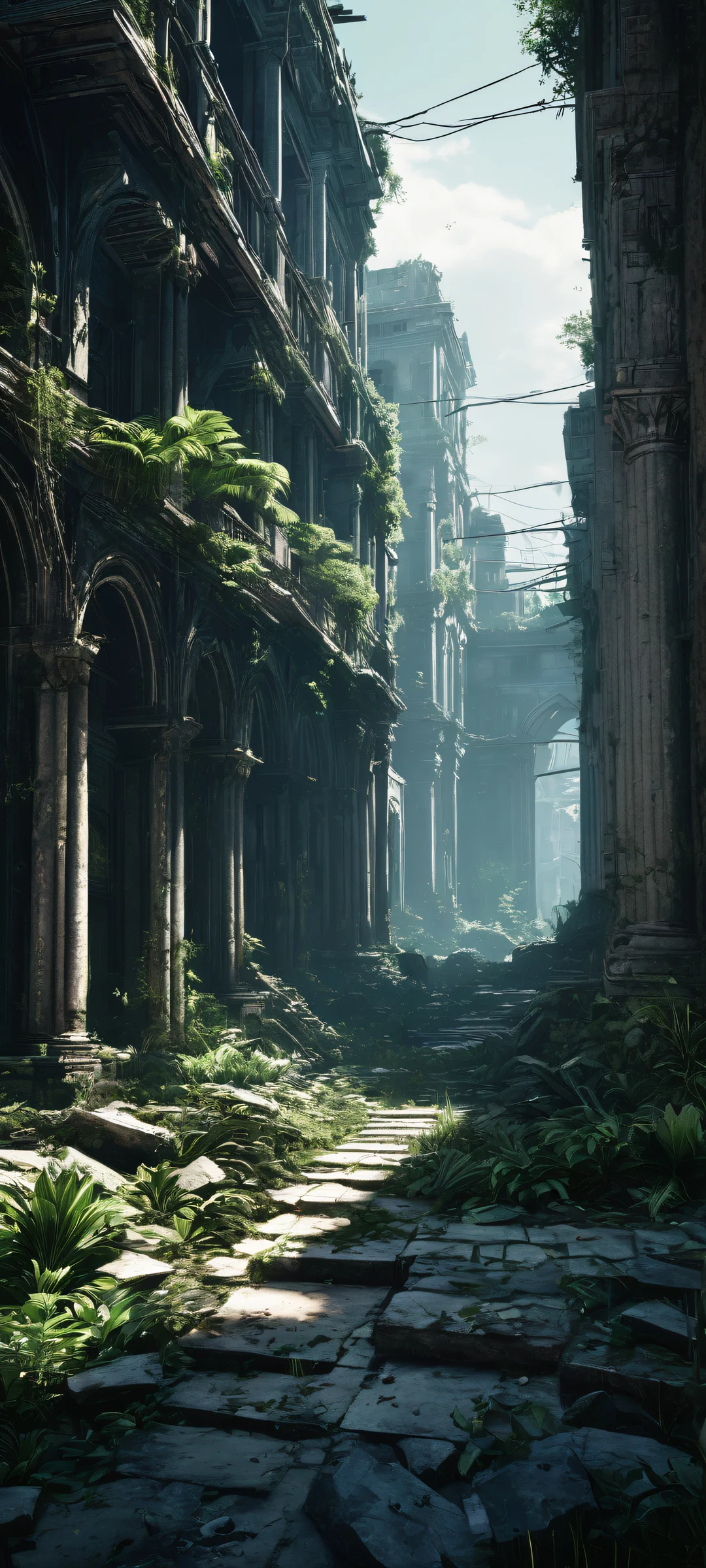 iPhone and Android user, desperate survivor portrait amidst ruins of an abandoned city. Dark mode aesthetic with perfect blacks, luminescent accents.