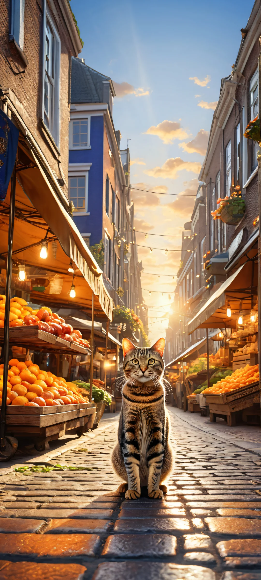 A determined young tabby cat hugging a fish amidst a bustling Dutch street market scene on an iPhone/Android mobile device.