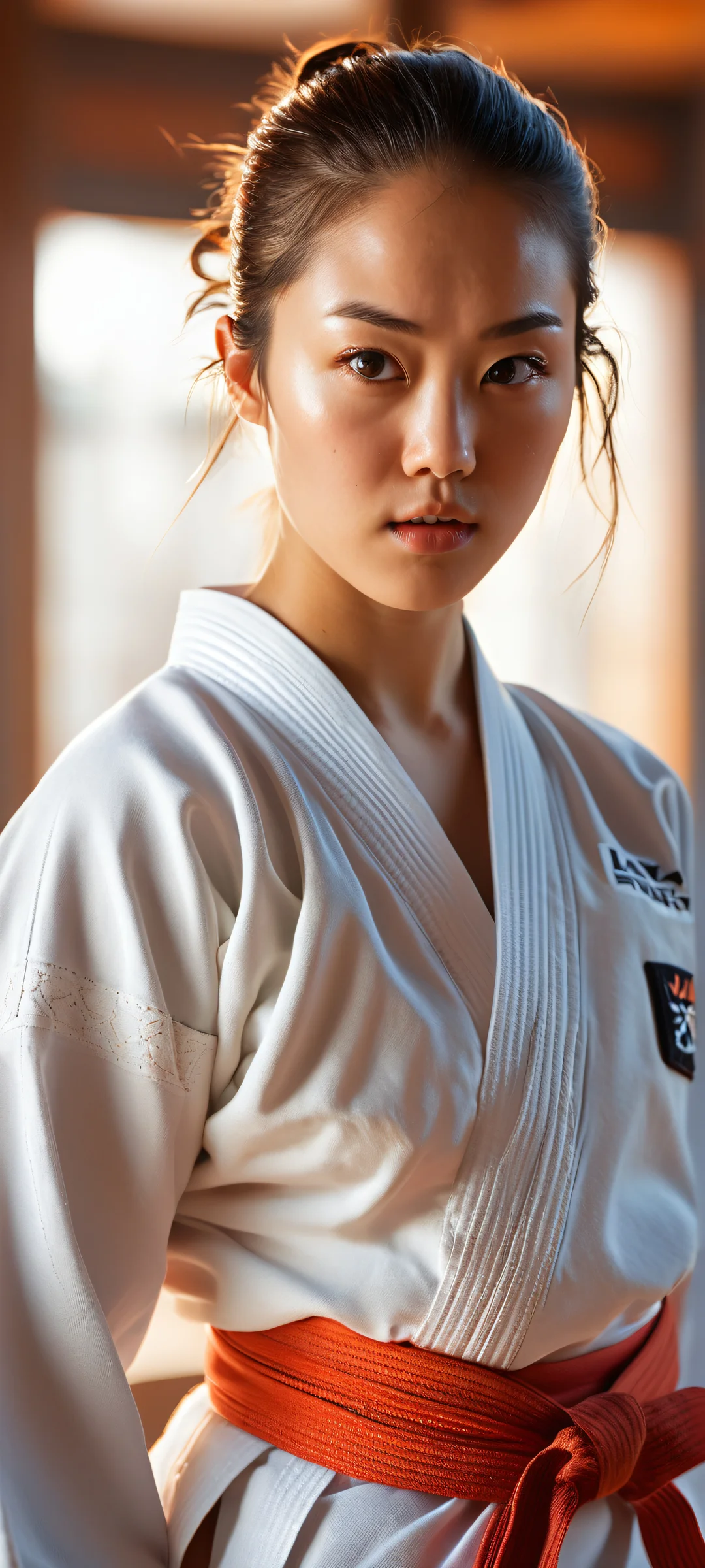 A young woman in a karate gi training in a dojo on an iPhone/Android device wallpaper with stunning colors and reflections.