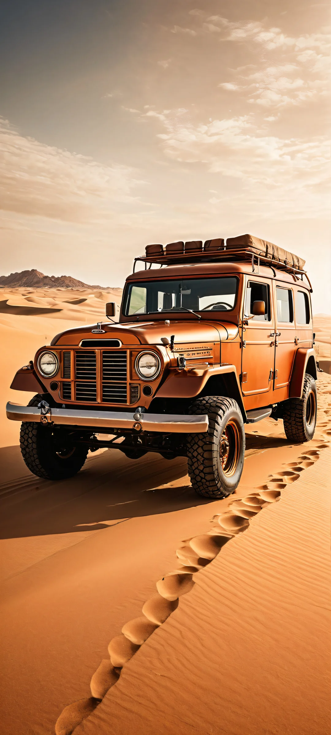 A stunning dieselpunk cruiser set against a vast, sandy dunes-filled horizon. Perfekt optimiert für iPhone/Android-Startbildschirme.