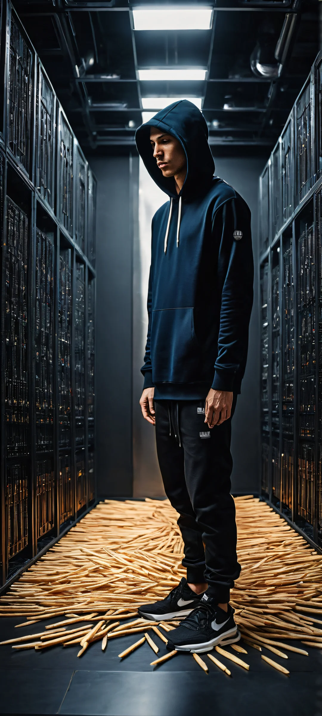 A man in a black hoodie trips and spills RAM sticks and GPUs on the floor. Perfectly clean top half with vast void, stunning visual impact.