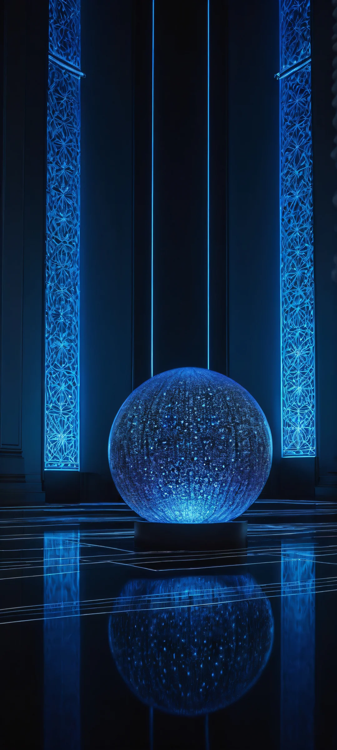 A majestic digital sphere with glowing micro-details and a futuristic backdrop on an iPhone/Android screen.