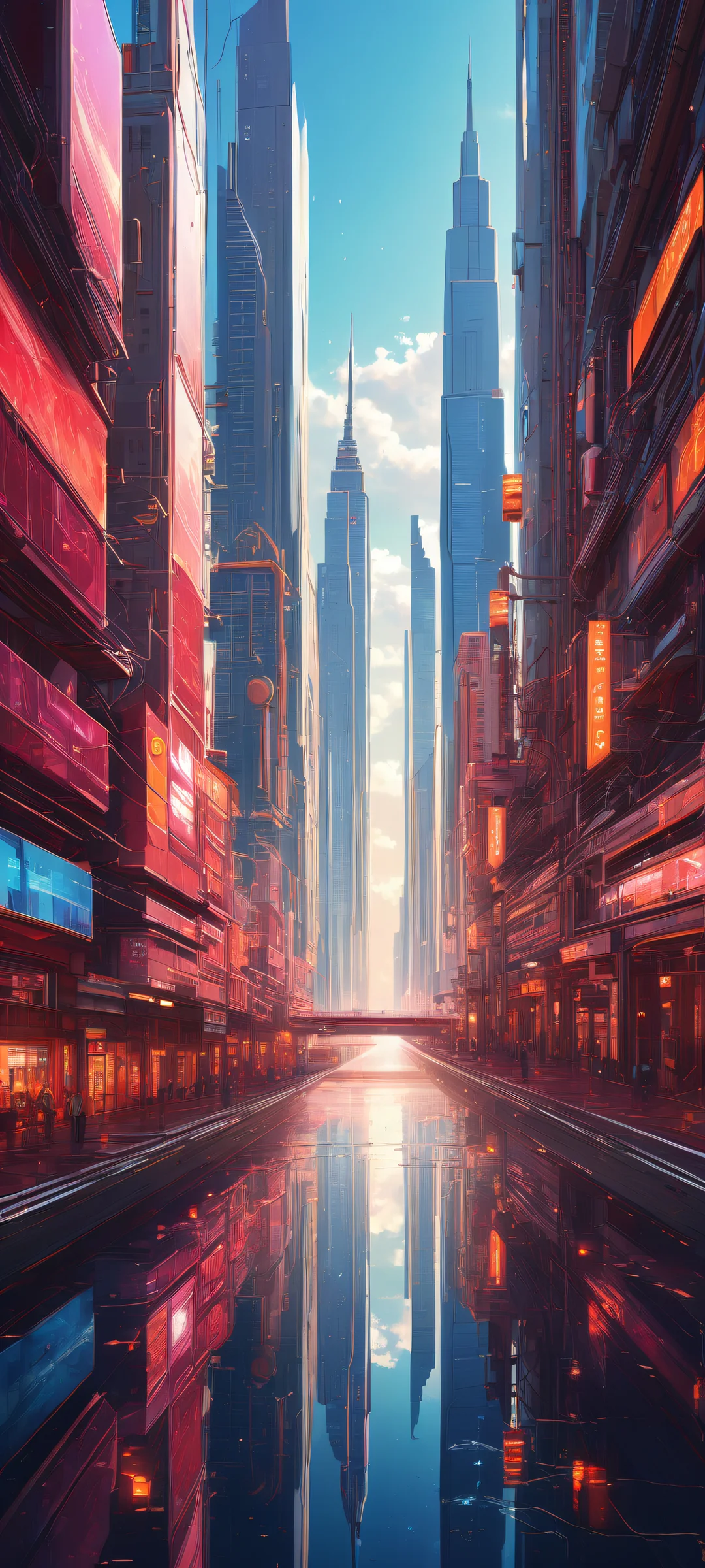 iPhone/Android digital artwork featuring a cityscape with intricate details and ethereal lighting