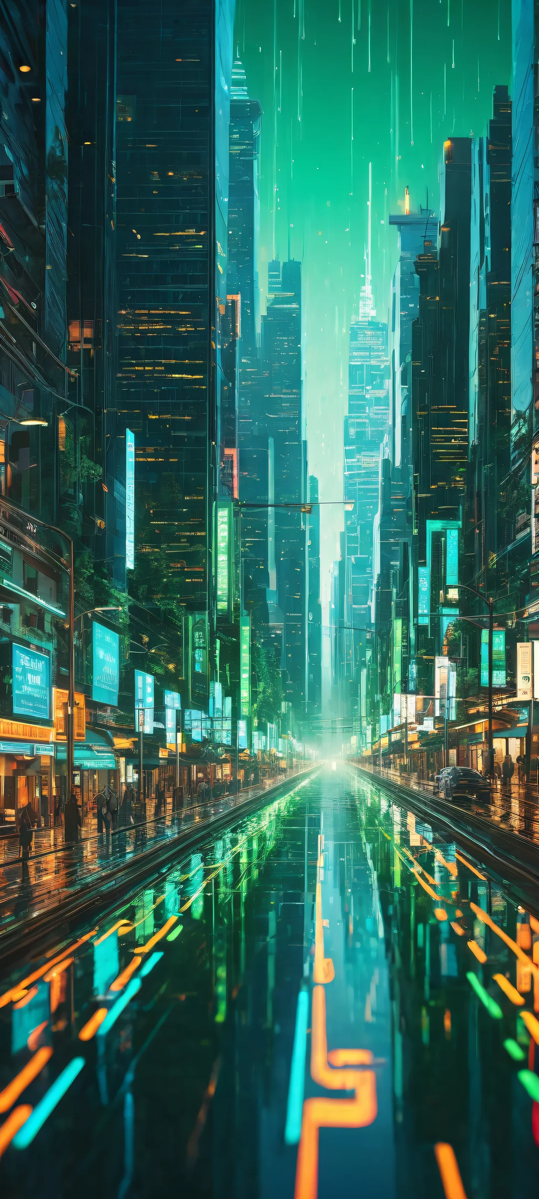 Code snippets on a futuristic cityscape at dusk with neon lights reflecting off rain-soaked streets. Perfekt optimiert für iPhone- und Android-Startbildschirme.