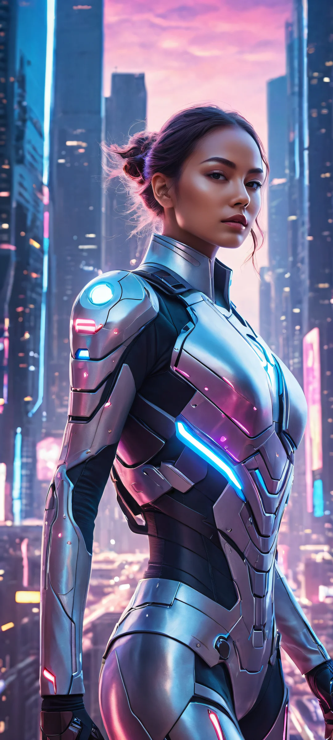 iPhone/Android compatible wallpaper featuring a futuristic digital warrior and her mech suit's internal workings, set against a mesmerizing cityscape.