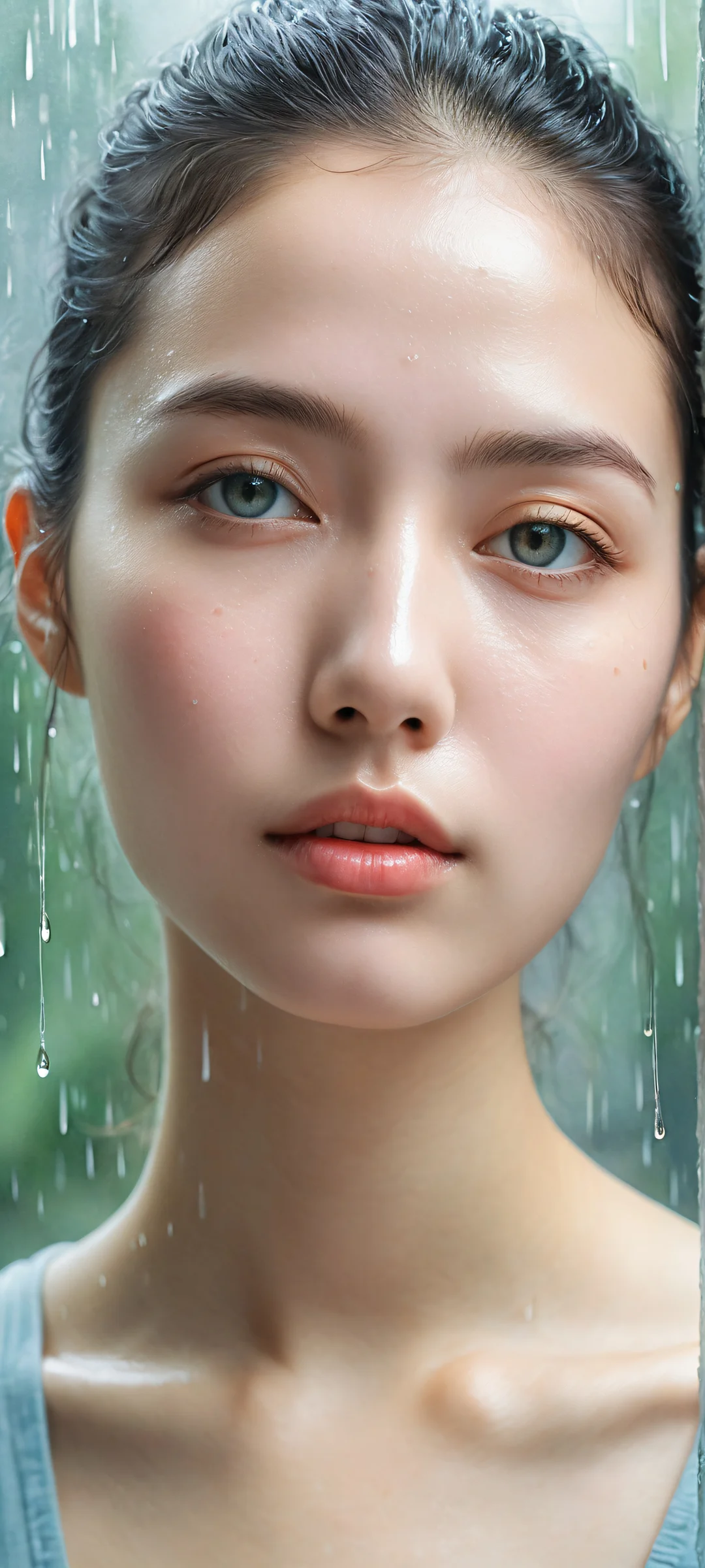 Ditto sitting on the floor with a single tear rolling down its cheek, surrounded by the soft patter of rain outside an empty room, for iPhone and Android home screens.