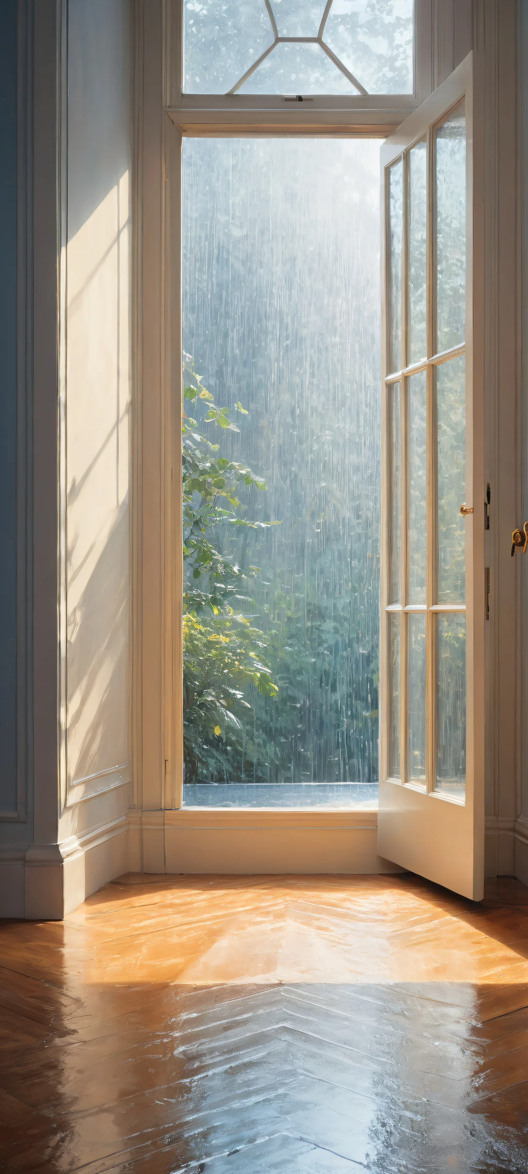 A melancholic portrait of Ditto waiting for its owner in an empty and rainy room. Perfectly clean top half, contrasting with the dimly lit background, featuring iPhone/Android-compatible digital art.