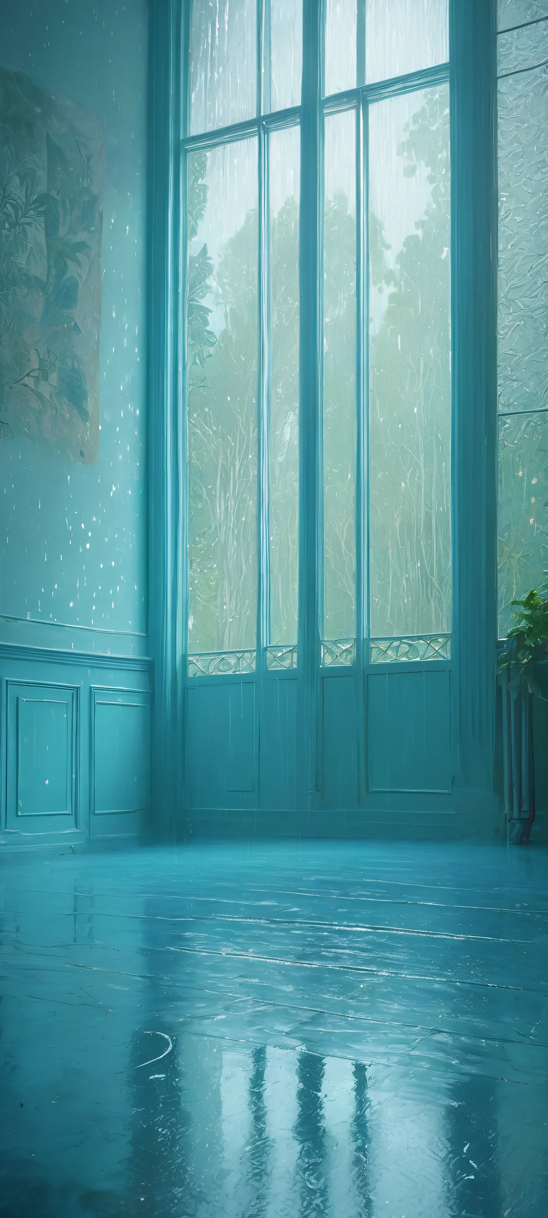 Ditto sitting patiently in a trainer's room on a rainy night, with a vast void above and ethereal lighting evoking feelings of sadness and longing. Perfect for iPhone/Android home screens.