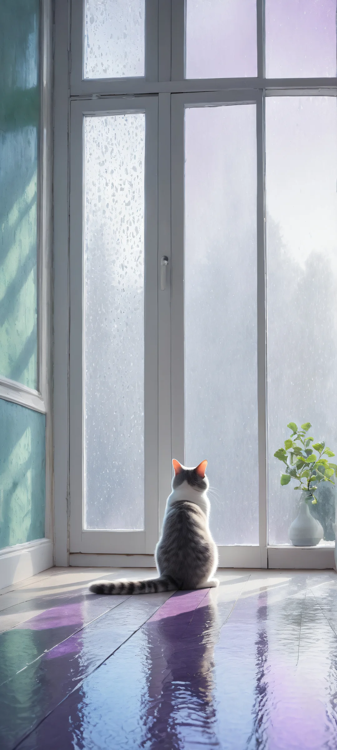 A poignant portrait of Ditto holding on to hope, amidst a dimly lit room and a gentle rain outside, perfekt optimiert für das iPhone, Samsung Galaxy, und Android-Startbildschirme.