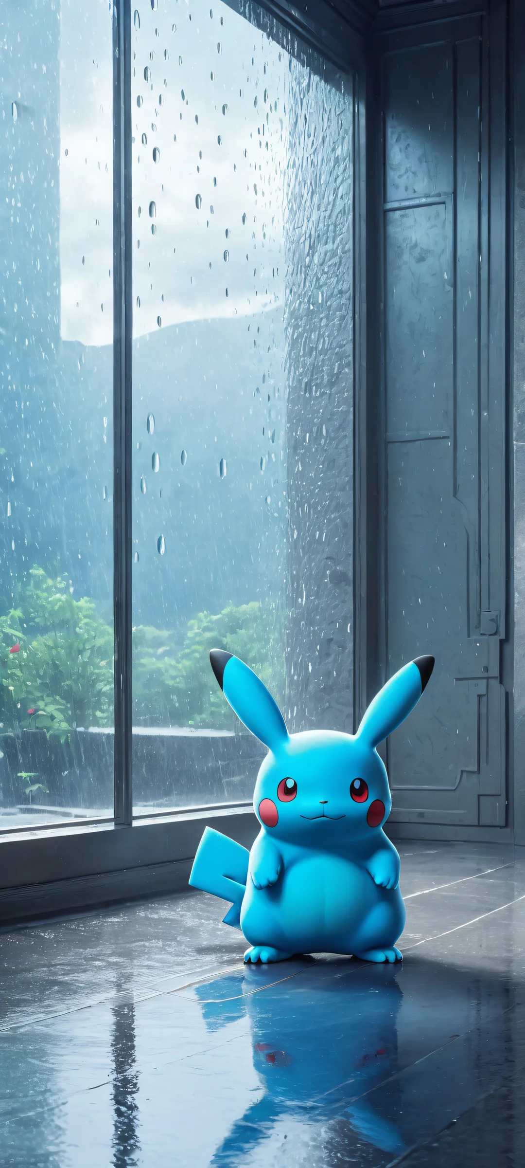 Ditto's Lonely Vigil 2K Phone Wallpaper Pokémon Ditto waits patiently for its trainer in a dimly lit room, rain pouring in through the window. iPhone/Android.