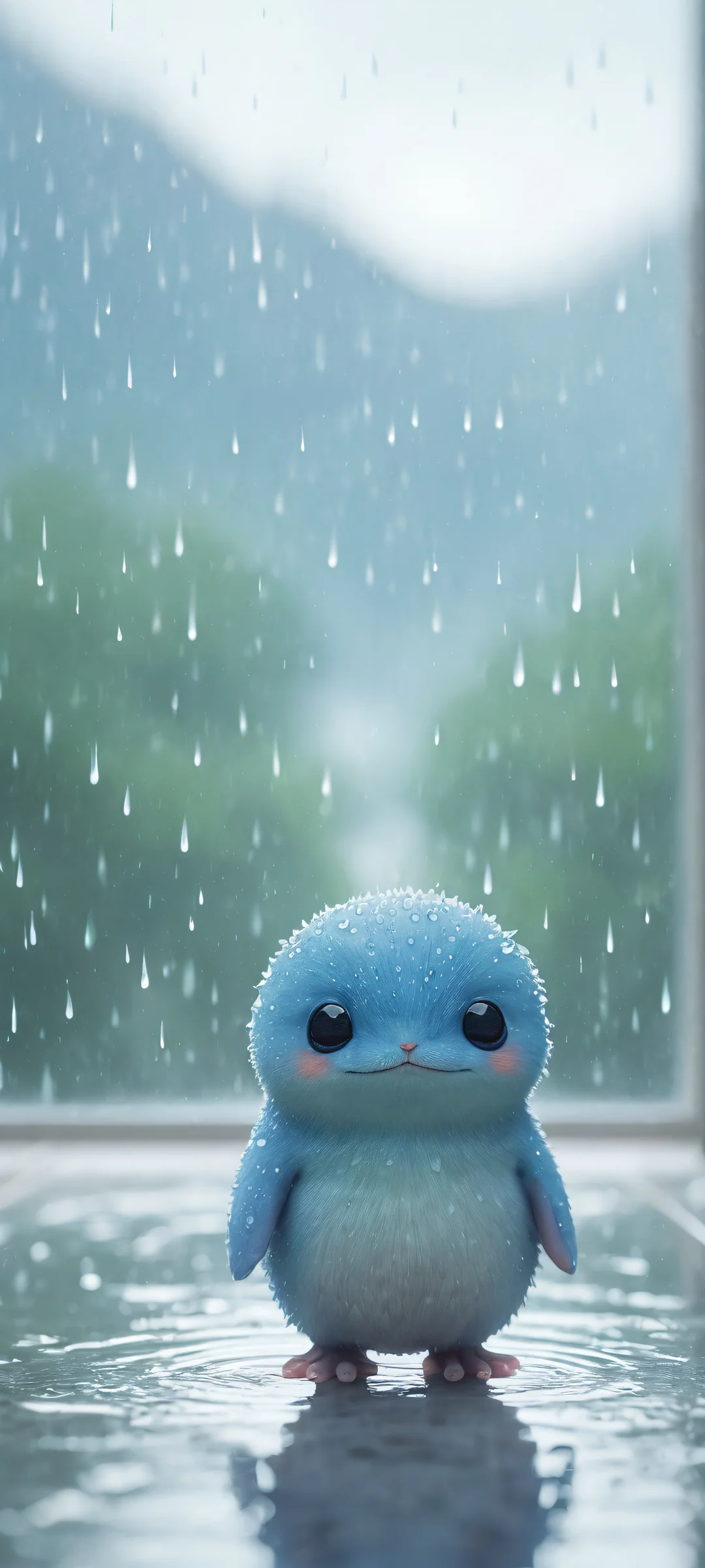 A poignant portrait of Ditto waiting for its trainer, with a dark and rainy atmosphere outside the window. Perfectly optimized for iPhone, Samsung Galaxy, and Android home screens.