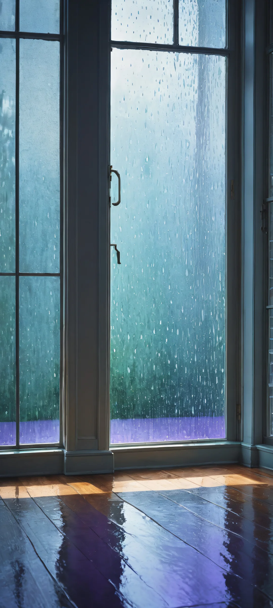 A melancholic portrait of Ditto patiently waiting for its trainer in a rainy room, ideal for iPhone and Android home screens.