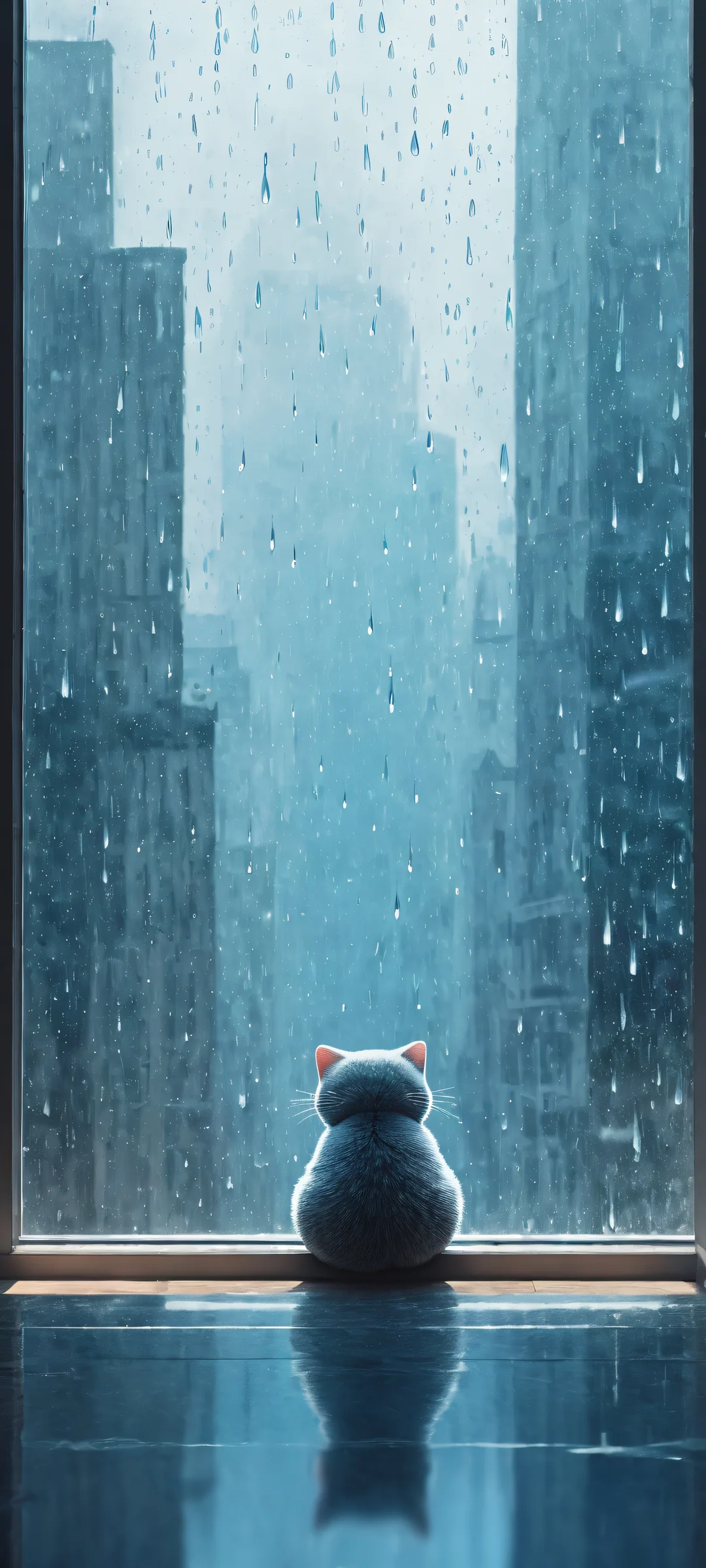 A poignant portrait of Ditto waiting for its trainer in a desolate atmosphere with rain pouring outside, representing its loneliness.