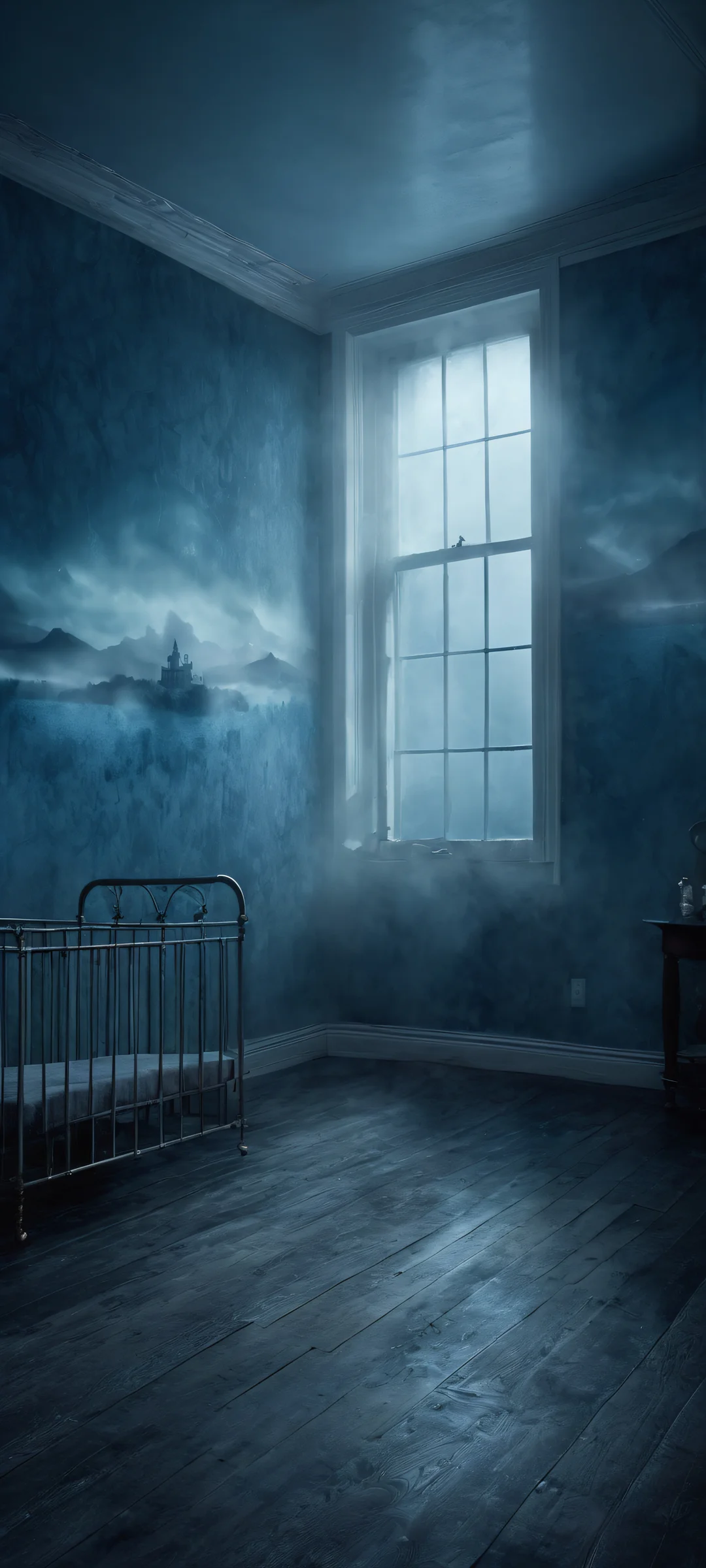 Ethereal Ditto stands amidst a misty, blue-grey landscape, illuminated by luminescent accents on an iPhone/Android screen.