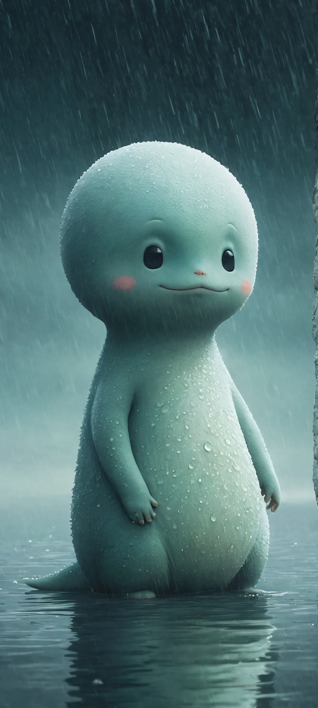 A poignant portrait of Ditto, iPhone/Android users, with a single tear flowing from its eye, symbolizing its longing for its trainer who has not returned.