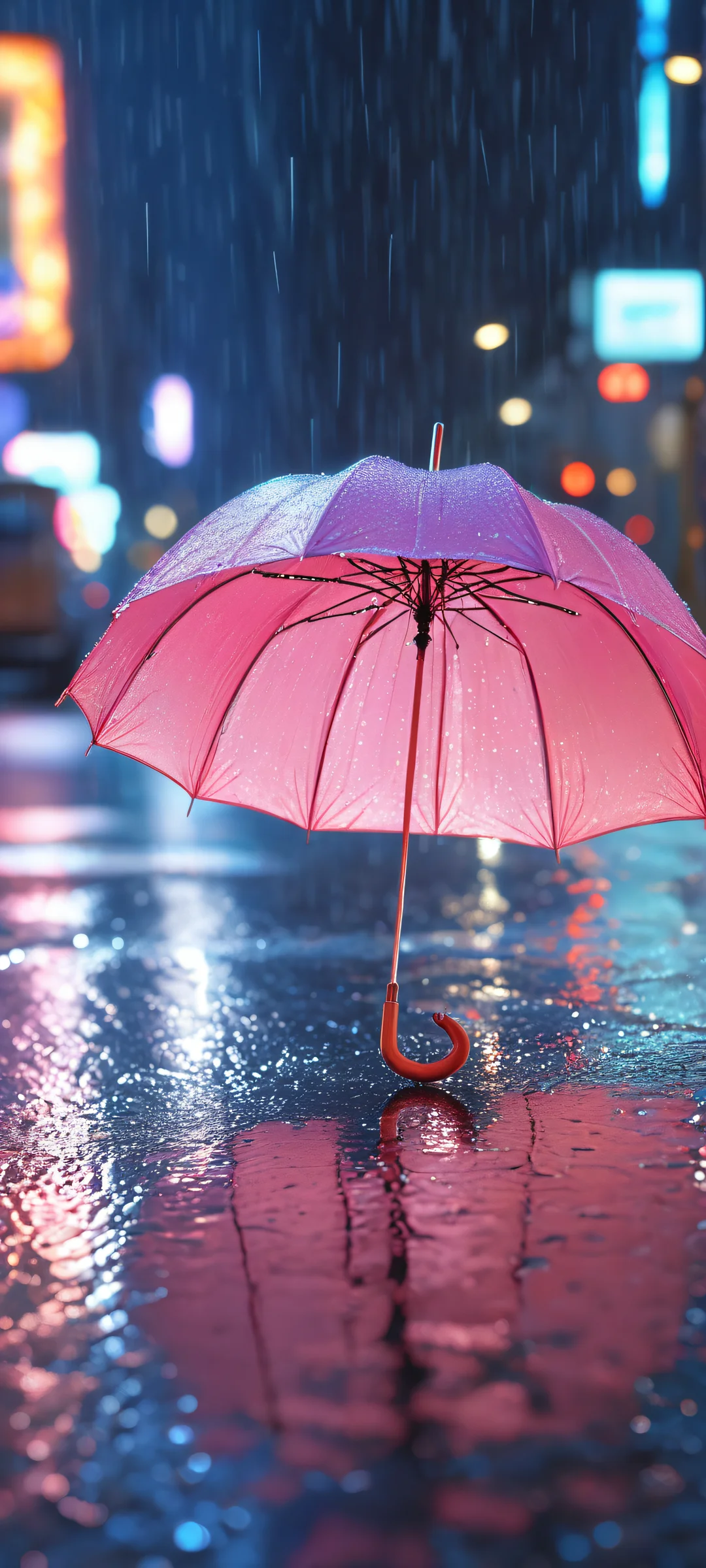 A stunning iPhone and Android wallpaper featuring Ditto with umbrella, set against a rainy neon street background. Perfect for your phone's home screen.