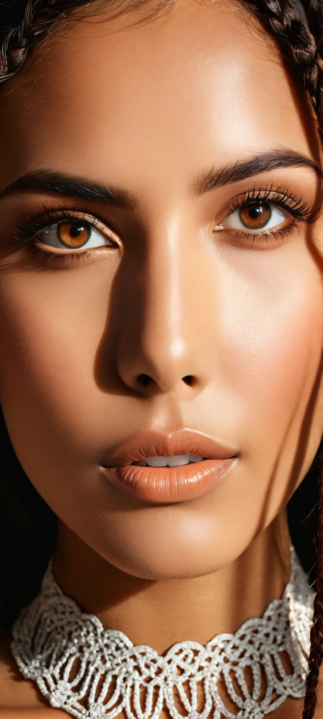 A stunning brunette model, Donita, gazing directly at the viewer against a subtle gradient on an iPhone/Android device.